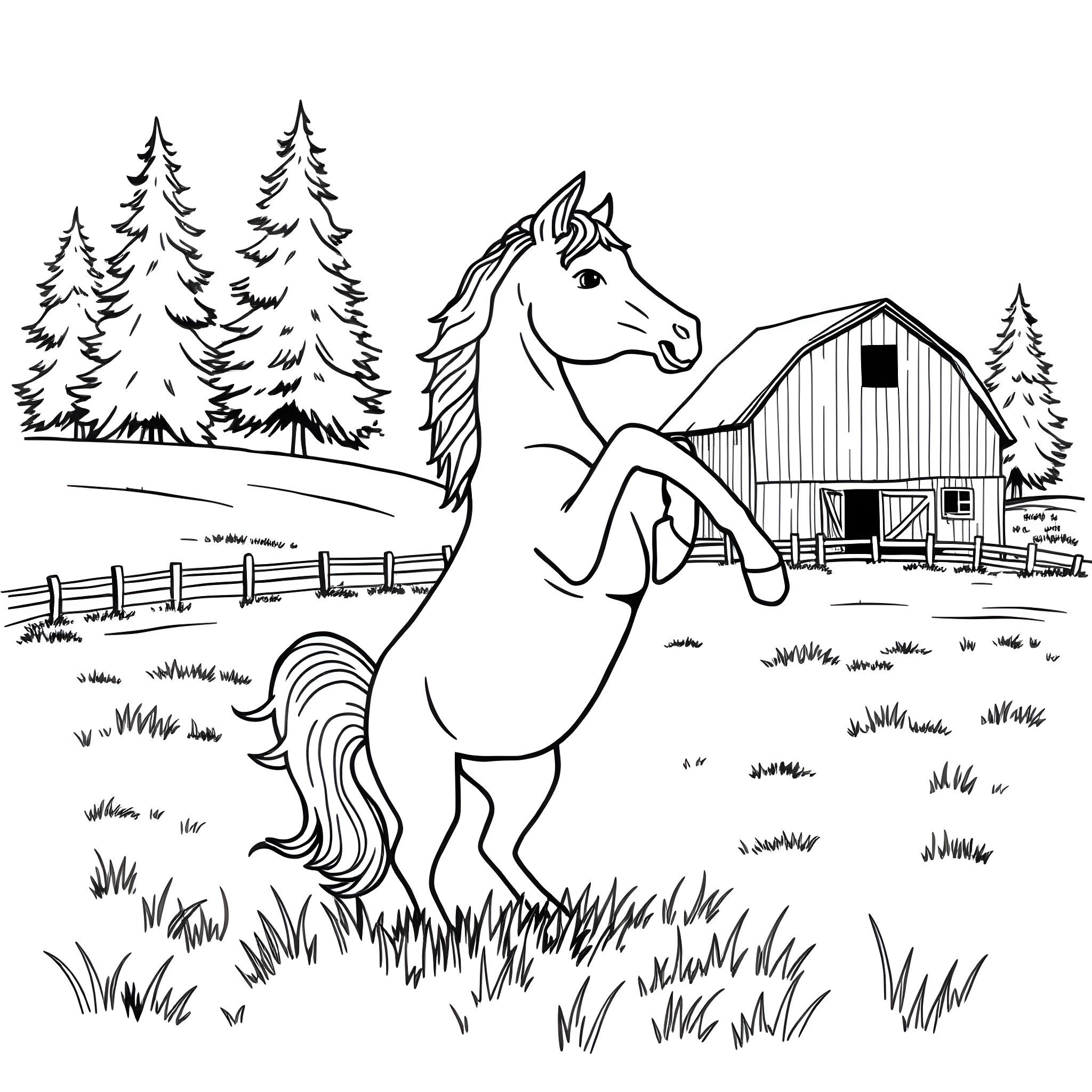 Pony posing proudly in pastoral scene Coloring Page (free black-and-white line drawing printable PDF for all, from beginners to advanced learners, including children, teens, adults, and seniors)
