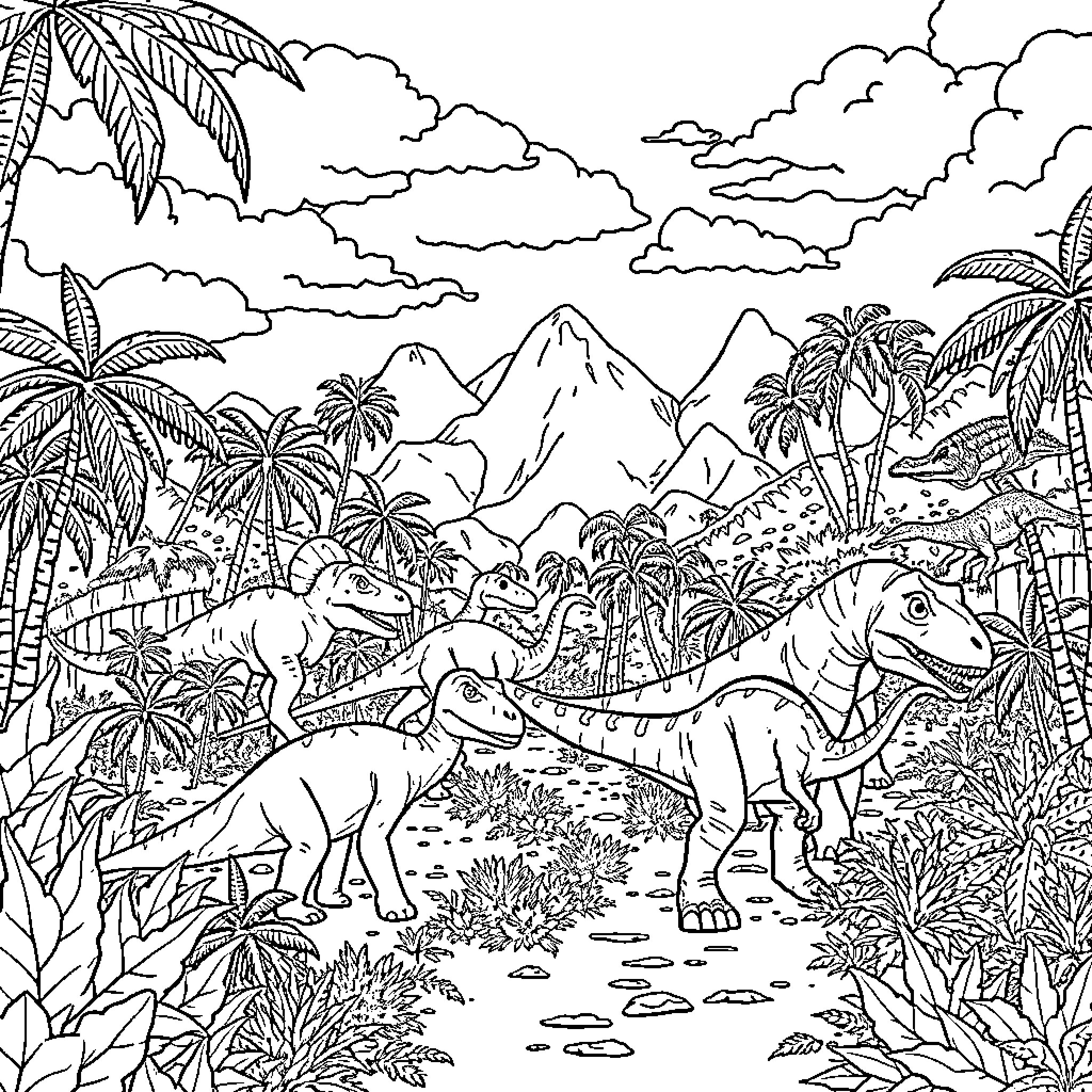 Dinosaurs roaming in lush prehistoric landscape Coloring Page (free black-and-white line drawing printable PDF for all, from beginners to advanced learners, including children, teens, adults, and seniors)