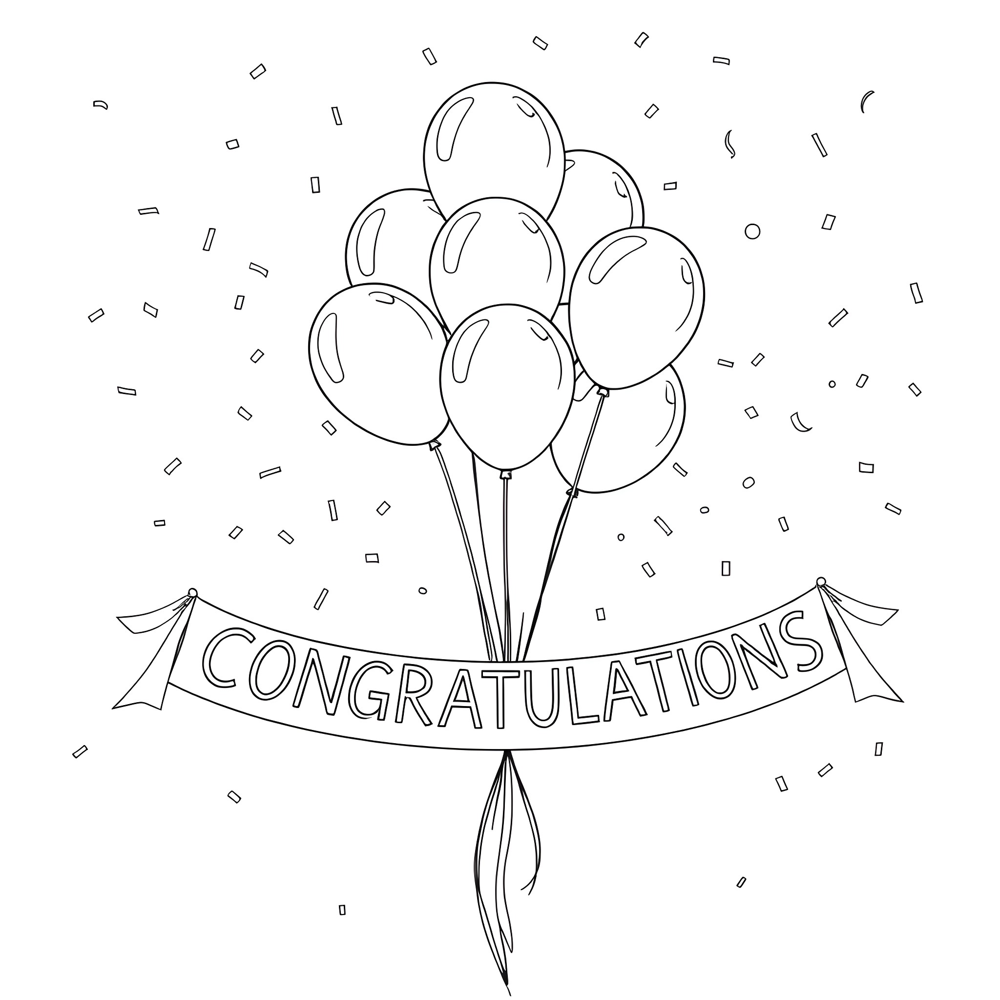 Balloon Bouquet with Congratulations Banner Coloring Page (free black-and-white line drawing printable PDF for all, from beginners to advanced learners, including children, teens, adults, and seniors)