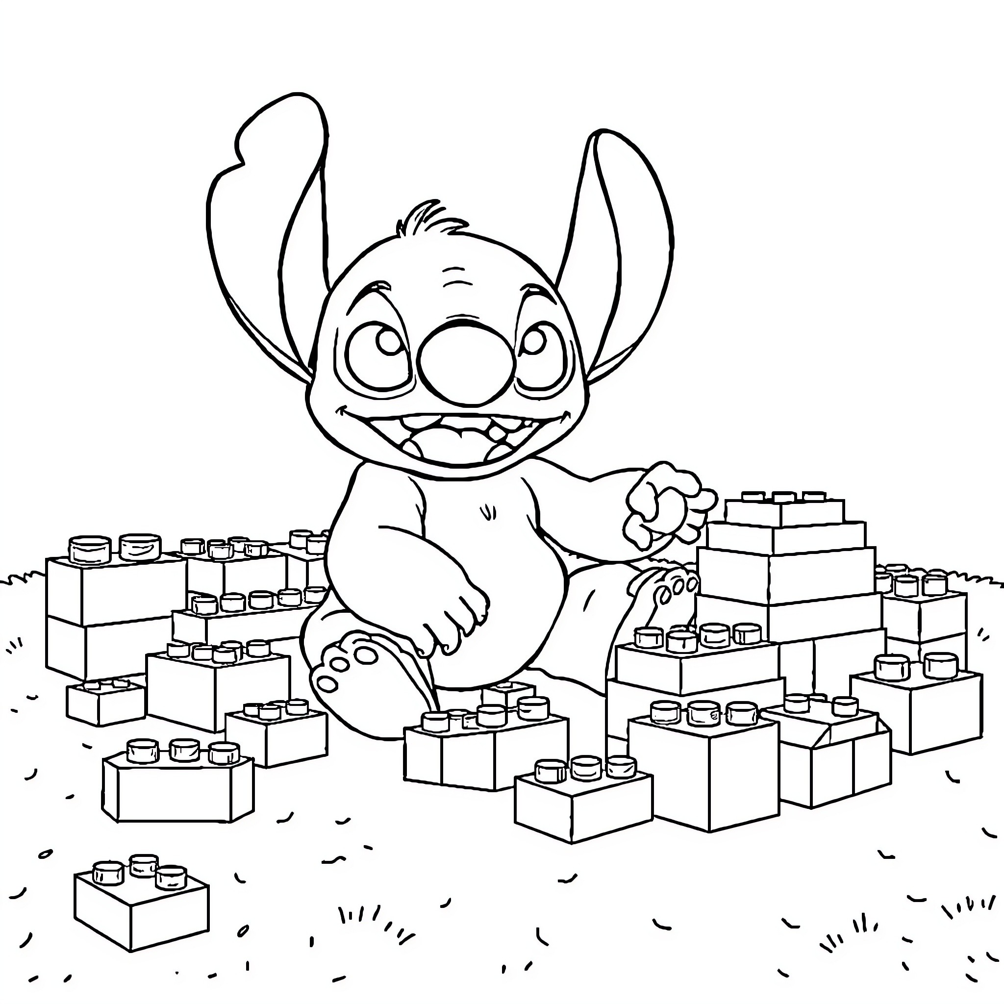 Stitch playing with colorful building blocks Coloring Page (free black-and-white line drawing printable PDF for all, from beginners to advanced learners, including children, teens, adults, and seniors)