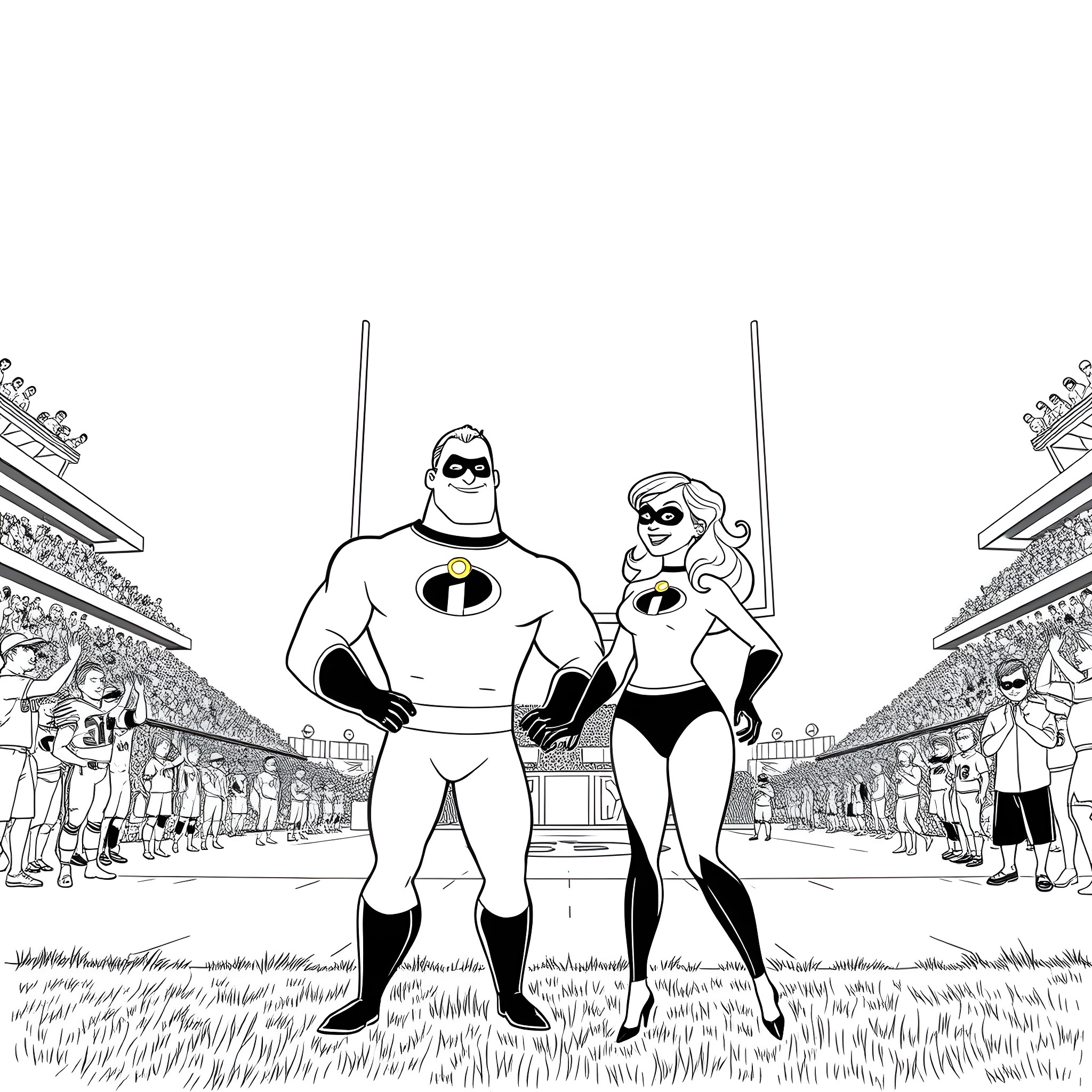 Mr Incredible and Elastigirl striking a heroic pose Coloring Page (free black-and-white line drawing printable PDF for all, from beginners to advanced learners, including children, teens, adults, and seniors)
