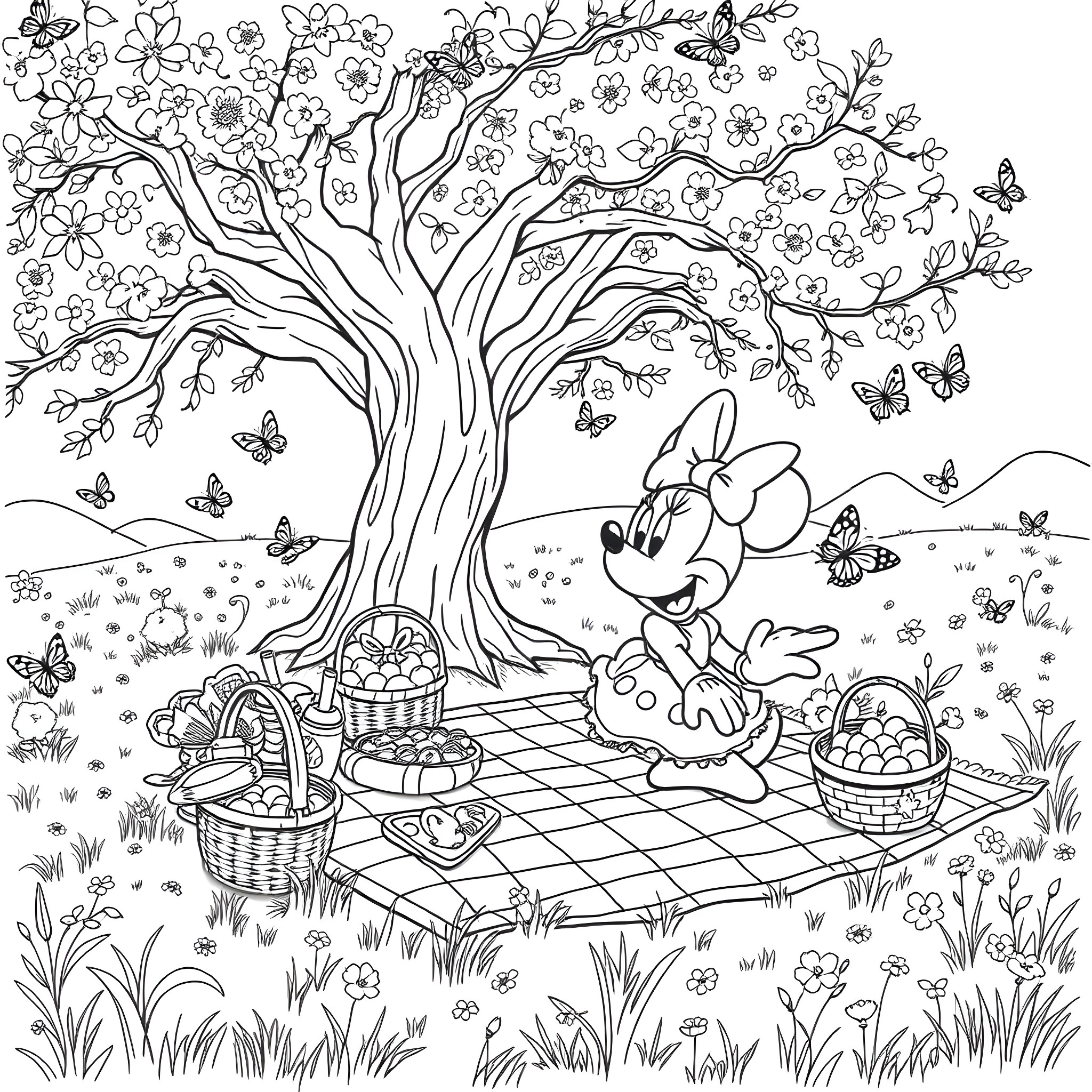 Minnie Mouse enjoying a picnic under the blossoming tree Coloring Page (free black-and-white line drawing printable PDF for all, from beginners to advanced learners, including children, teens, adults, and seniors)