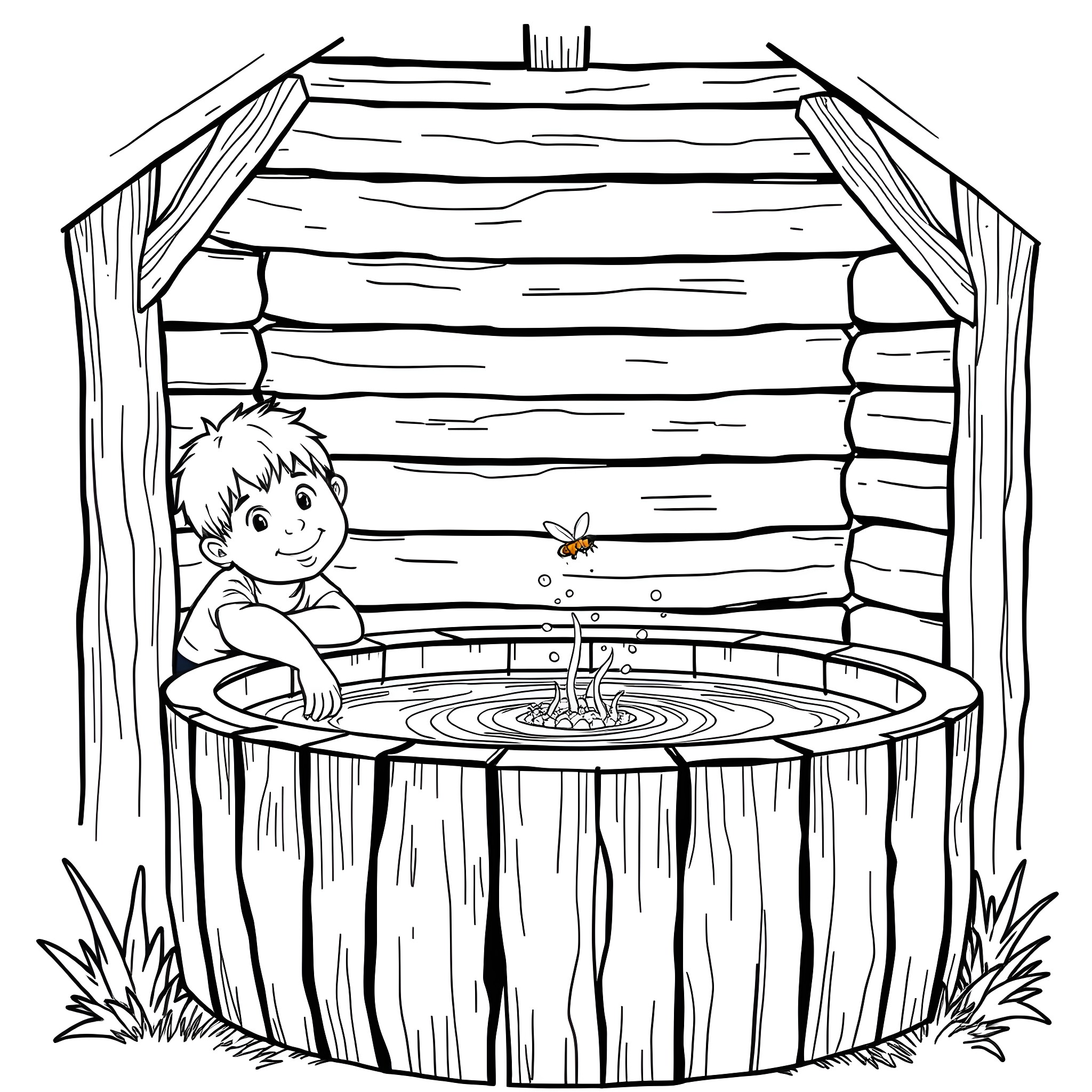 Child playing with a butterfly near a wooden cabin Coloring Page (free black-and-white line drawing printable PDF for all, from beginners to advanced learners, including children, teens, adults, and seniors)