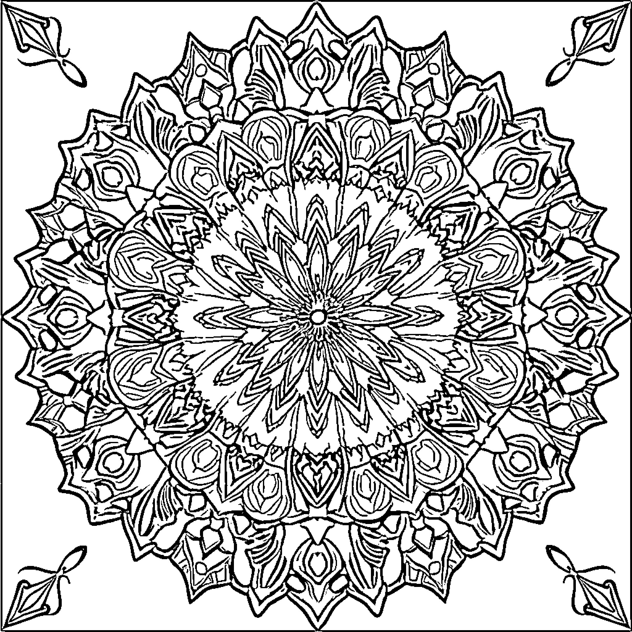 Square Mandala with intricate floral patterns Coloring Page (free black-and-white line drawing printable PDF for all, from beginners to advanced learners, including children, teens, adults, and seniors)