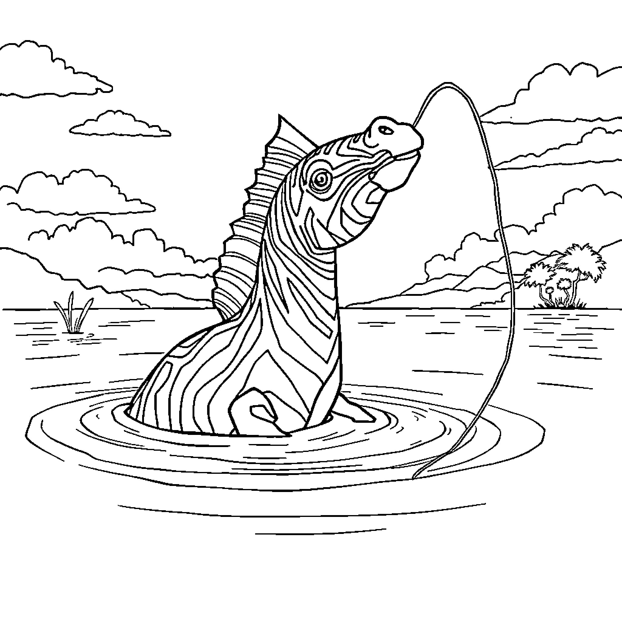 Giraffe fishing for adventure in the pond Coloring Page (free black-and-white line drawing printable PDF for all, from beginners to advanced learners, including children, teens, adults, and seniors)