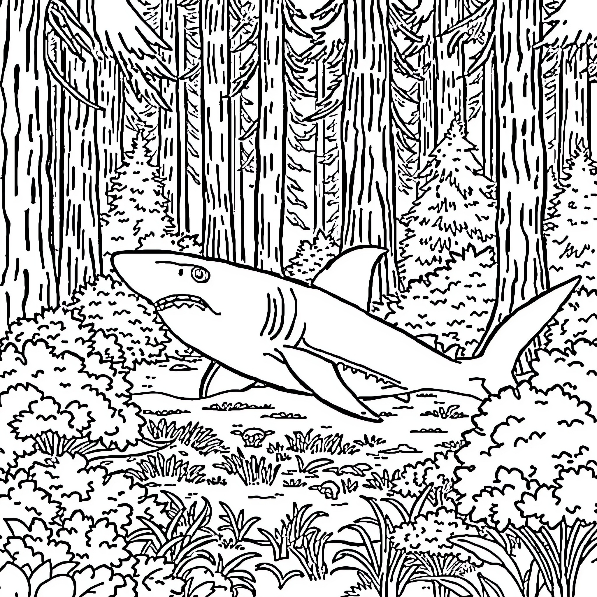 Shark swimming through the forest Coloring Page (free black-and-white line drawing printable PDF for all, from beginners to advanced learners, including children, teens, adults, and seniors)