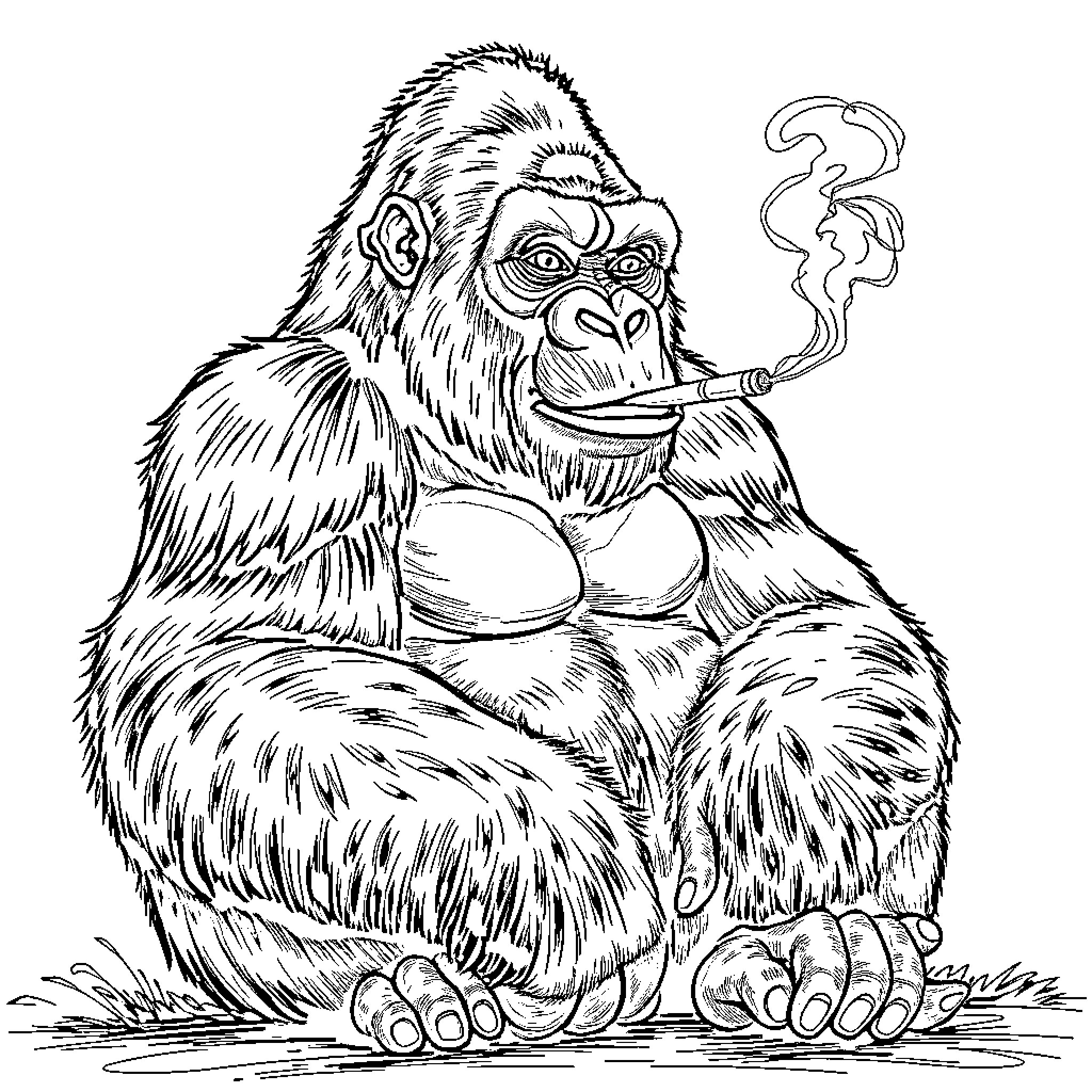Gorilla smoking a pipe and relaxing Coloring Page (free black-and-white line drawing printable PDF for all, from beginners to advanced learners, including children, teens, adults, and seniors)