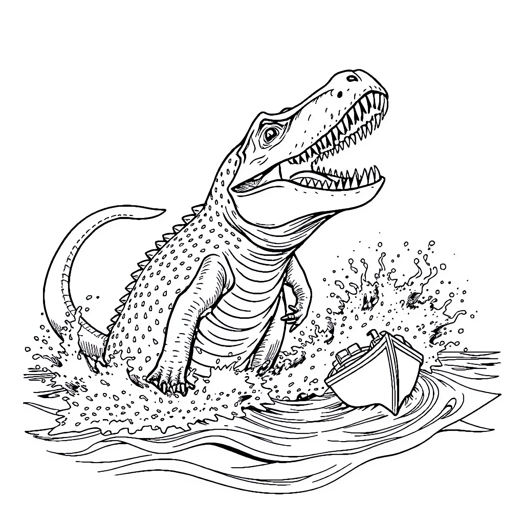 Mosasaurus hunting prey in the ocean Coloring Page (free black-and-white line drawing printable PDF for all, from beginners to advanced learners, including children, teens, adults, and seniors)