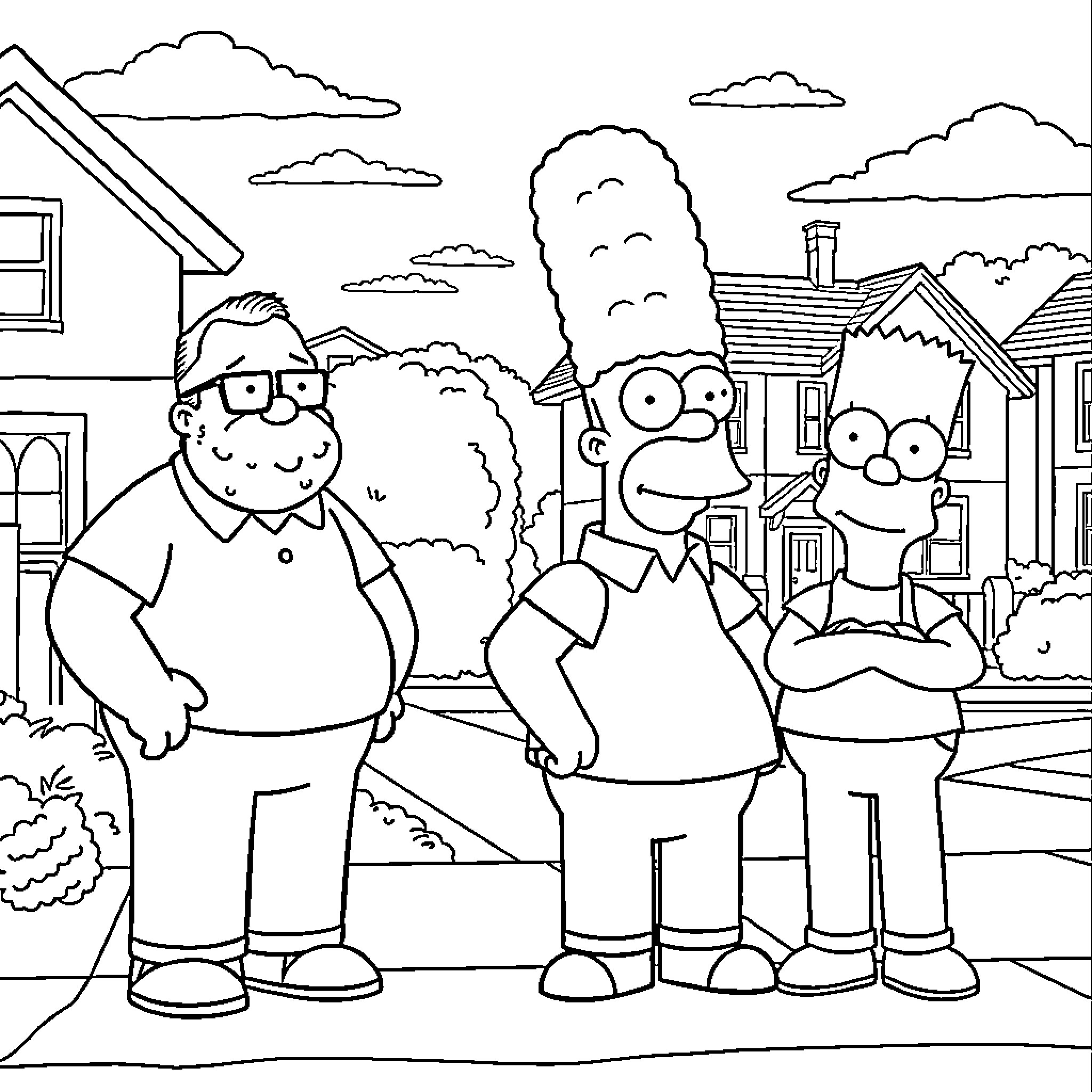 Character Family in Suburban Neighborhood Coloring Page (free black-and-white line drawing printable PDF for all, from beginners to advanced learners, including children, teens, adults, and seniors)