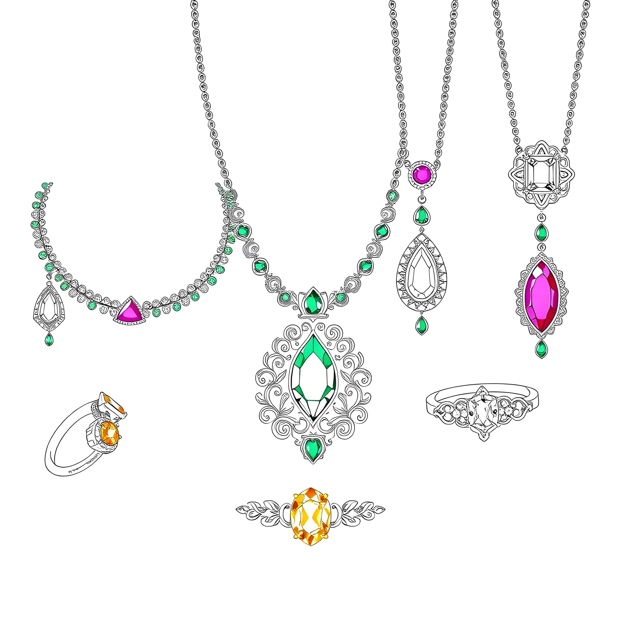 Gemstone Jewelry with Intricate Designs Coloring Page (free black-and-white line drawing printable PDF for all, from beginners to advanced learners, including children, teens, adults, and seniors)
