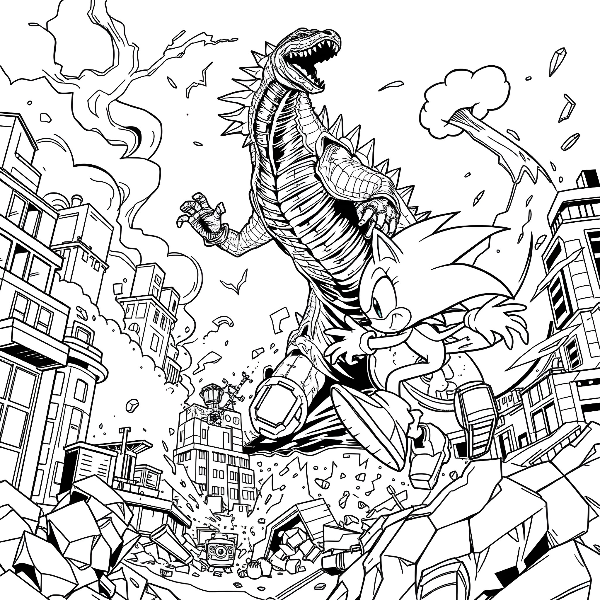 Godzilla Rampaging Through the City Coloring Page (free black-and-white line drawing printable PDF for all, from beginners to advanced learners, including children, teens, adults, and seniors)