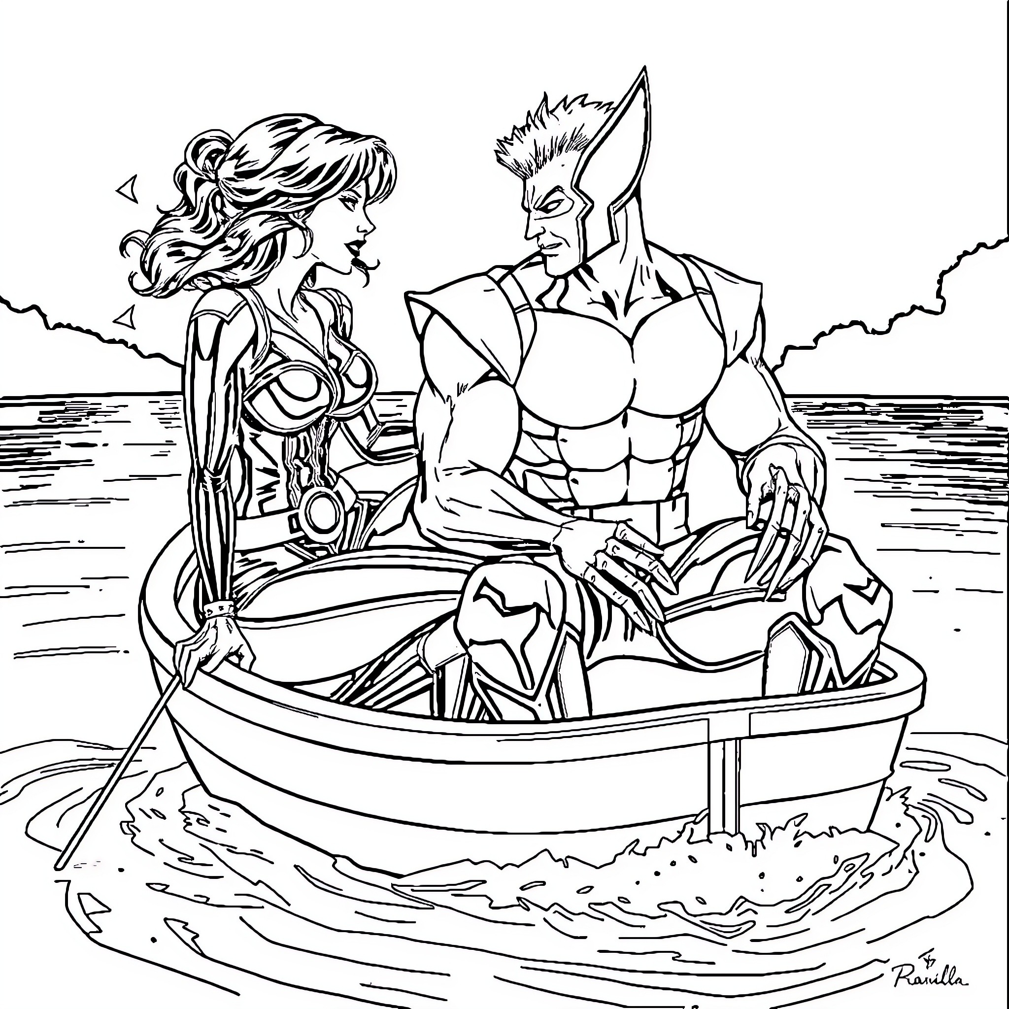 Black Widow and Wolverine in an epic boat adventure Coloring Page (free black-and-white line drawing printable PDF for all, from beginners to advanced learners, including children, teens, adults, and seniors)