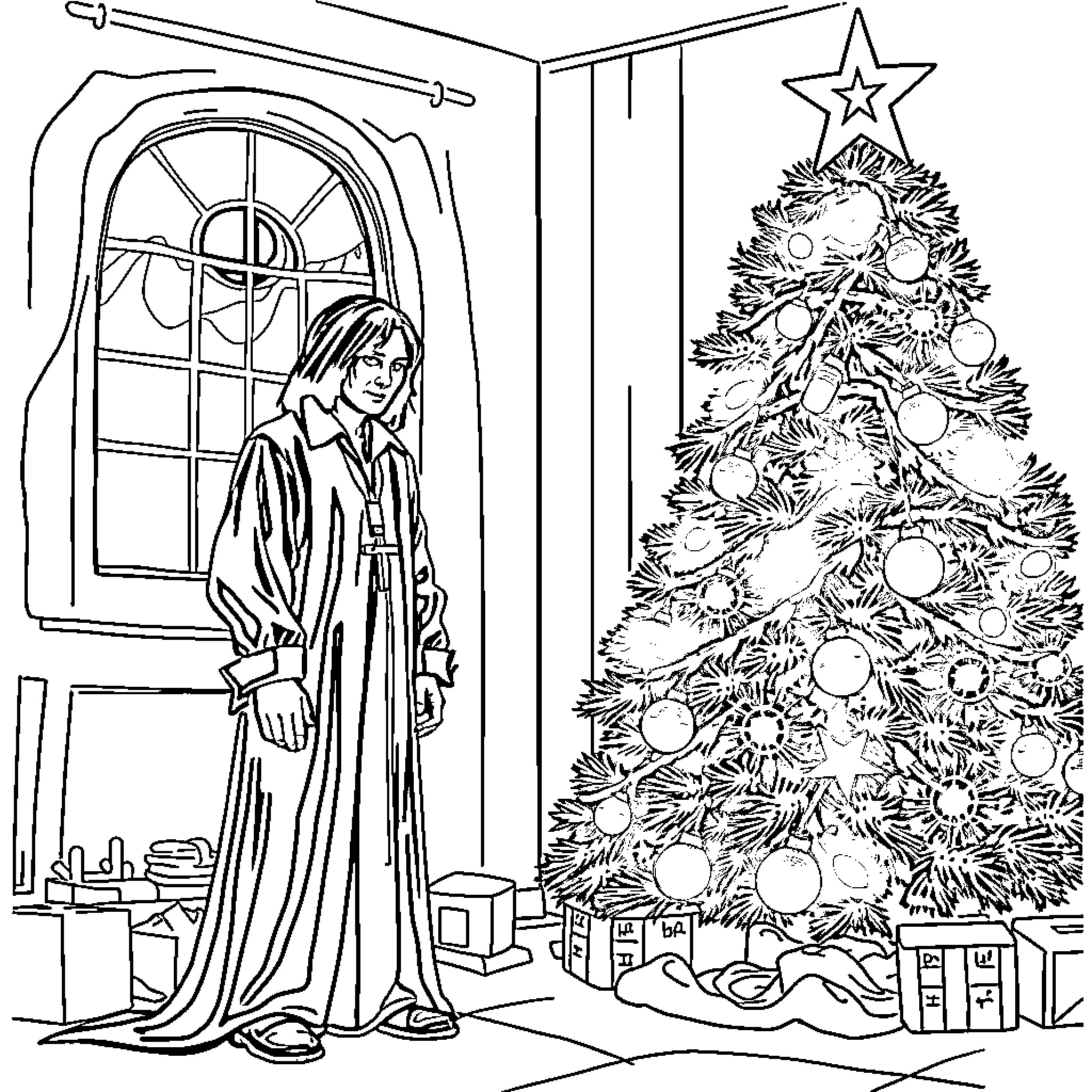 Regan stands before the decorated Christmas tree Coloring Page (free black-and-white line drawing printable PDF for all, from beginners to advanced learners, including children, teens, adults, and seniors)