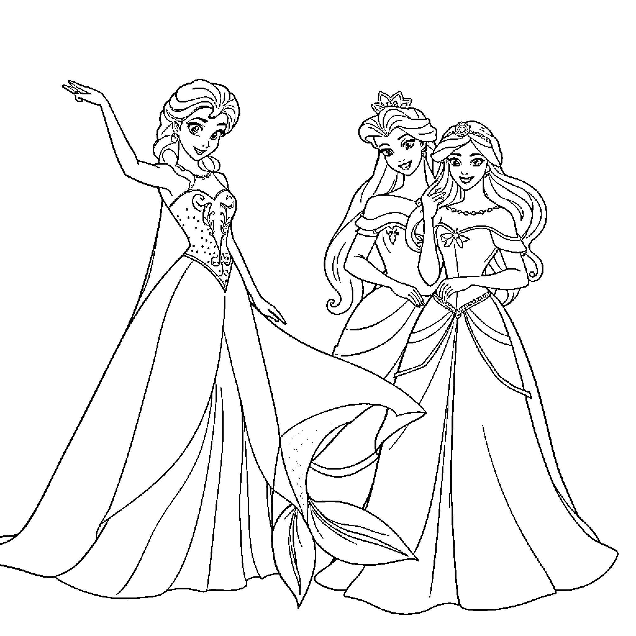 Disney Princess Elegant Attire and Graceful Poses Coloring Page (free black-and-white line drawing printable PDF for all, from beginners to advanced learners, including children, teens, adults, and seniors)