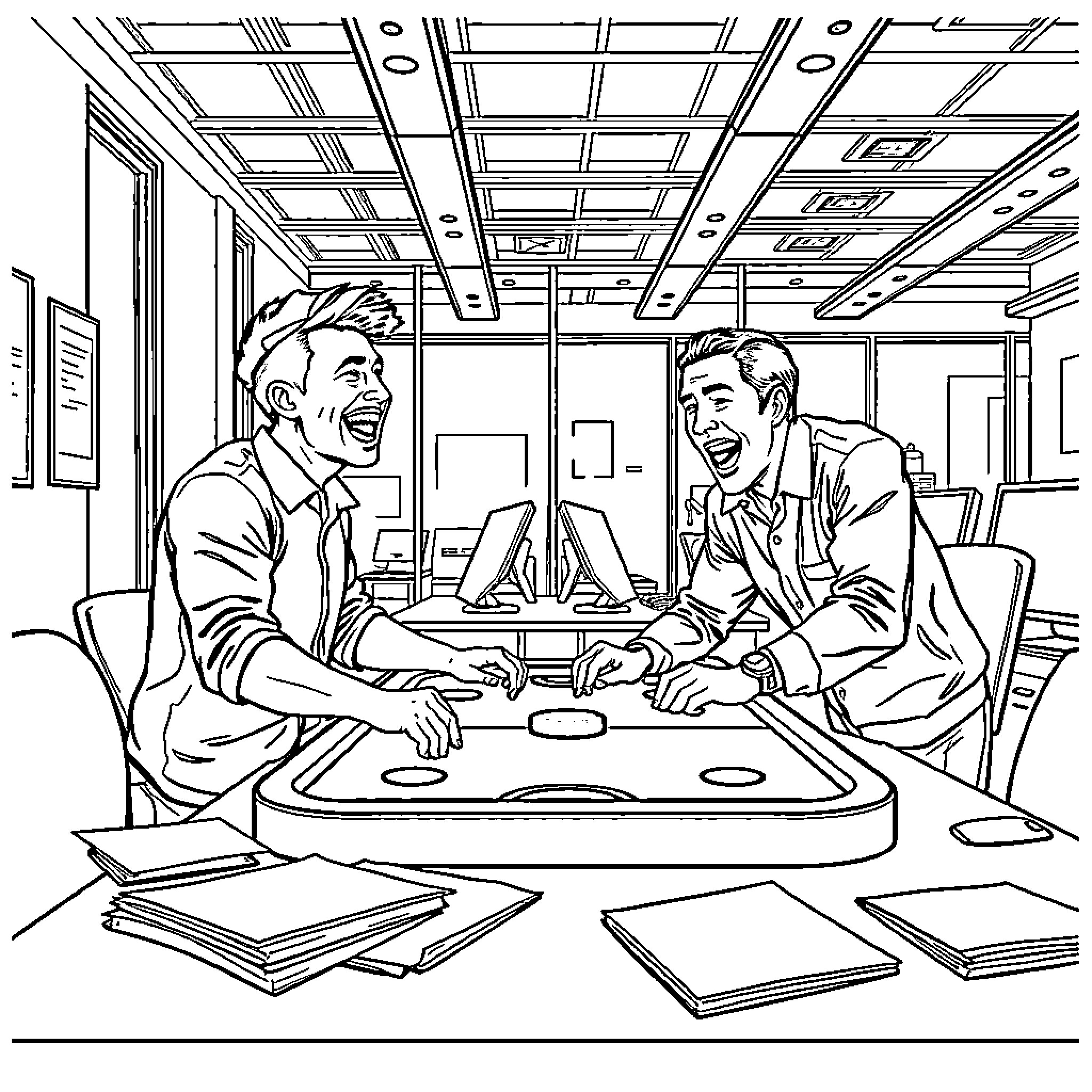 Men engaged in intense discussion at office meeting Coloring Page (free black-and-white line drawing printable PDF for all, from beginners to advanced learners, including children, teens, adults, and seniors)
