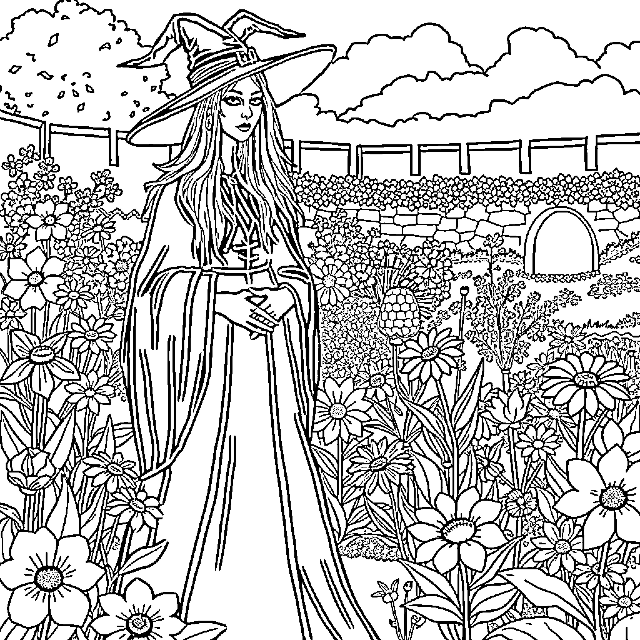 Witch in a Magical Garden Coloring Page (free black-and-white line drawing printable PDF for all, from beginners to advanced learners, including children, teens, adults, and seniors)