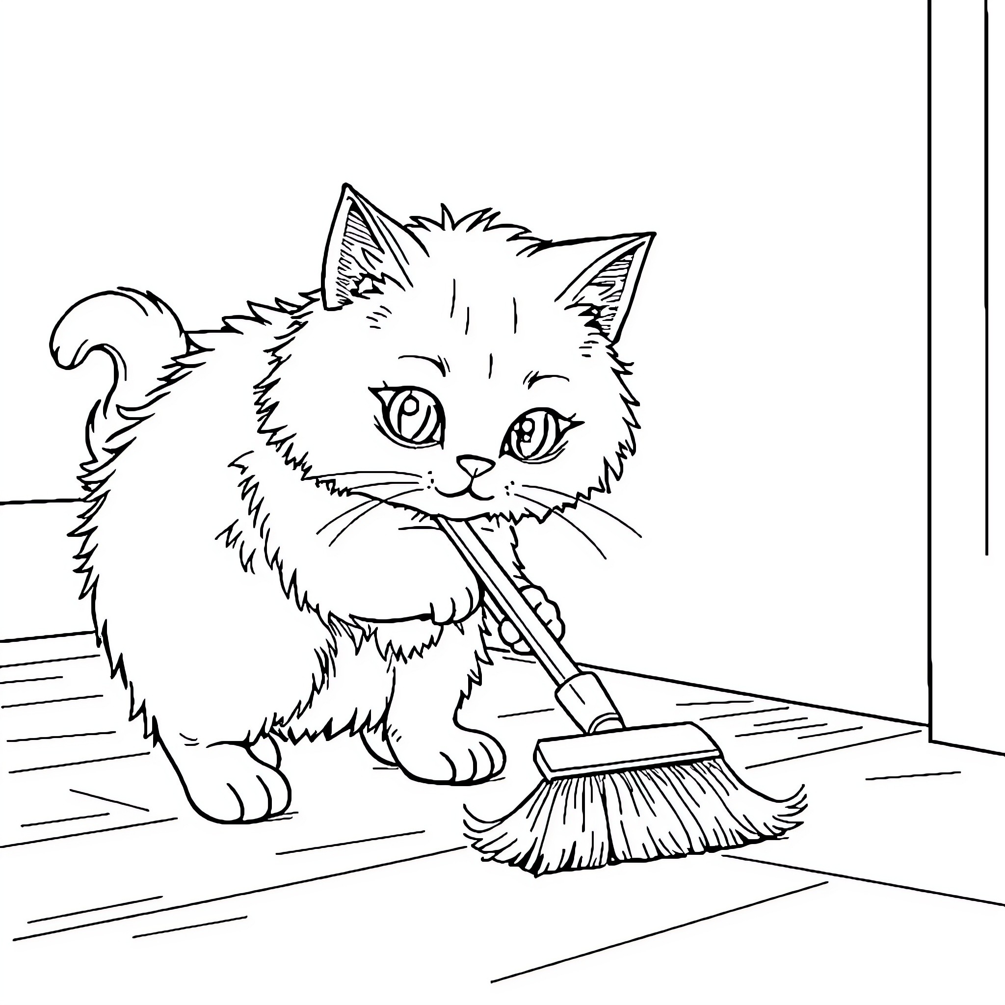 Cat cleaning the floor with a broom Coloring Page (free black-and-white line drawing printable PDF for all, from beginners to advanced learners, including children, teens, adults, and seniors)