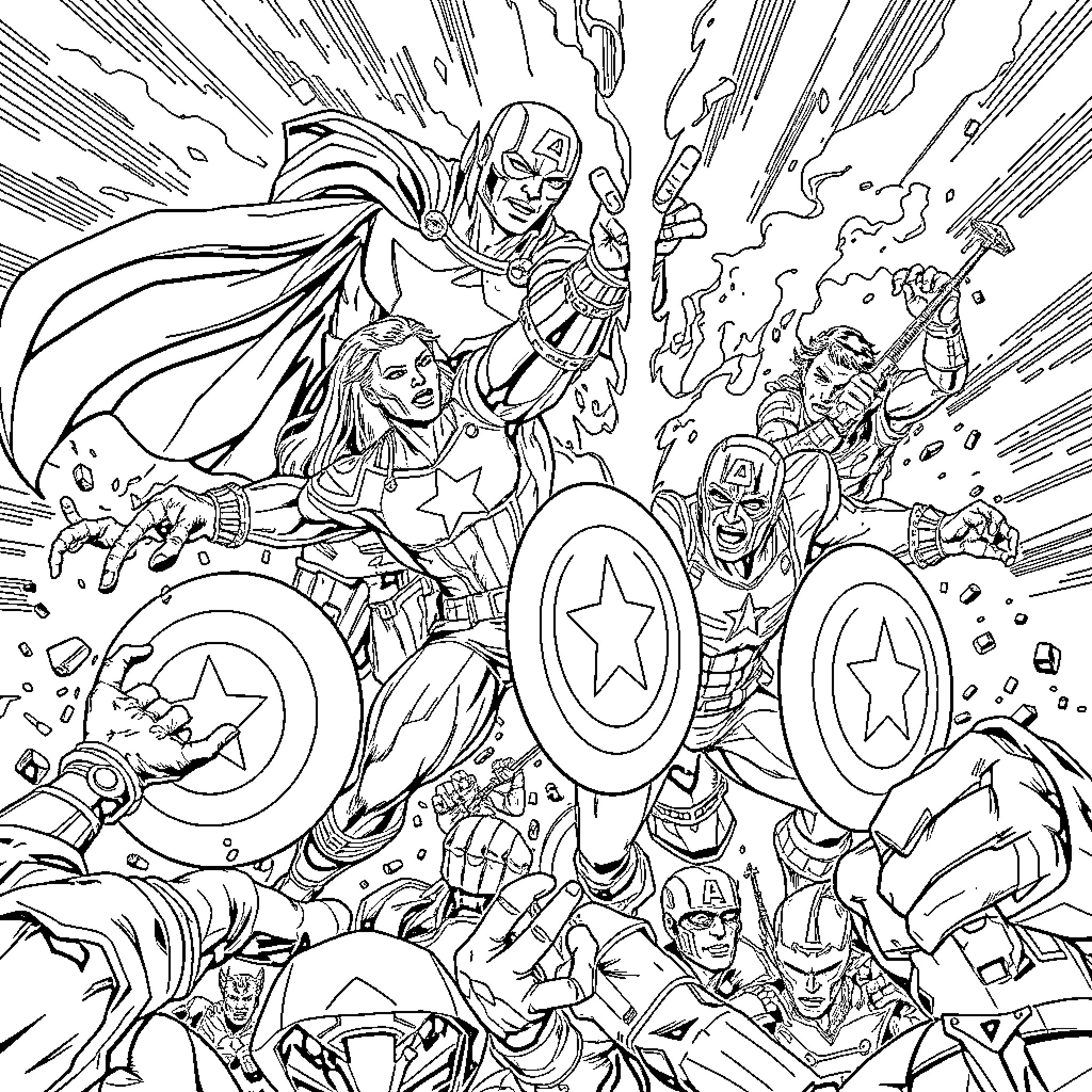 Avenger heroes in epic battle with foes Coloring Page (free black-and-white line drawing printable PDF for all, from beginners to advanced learners, including children, teens, adults, and seniors)