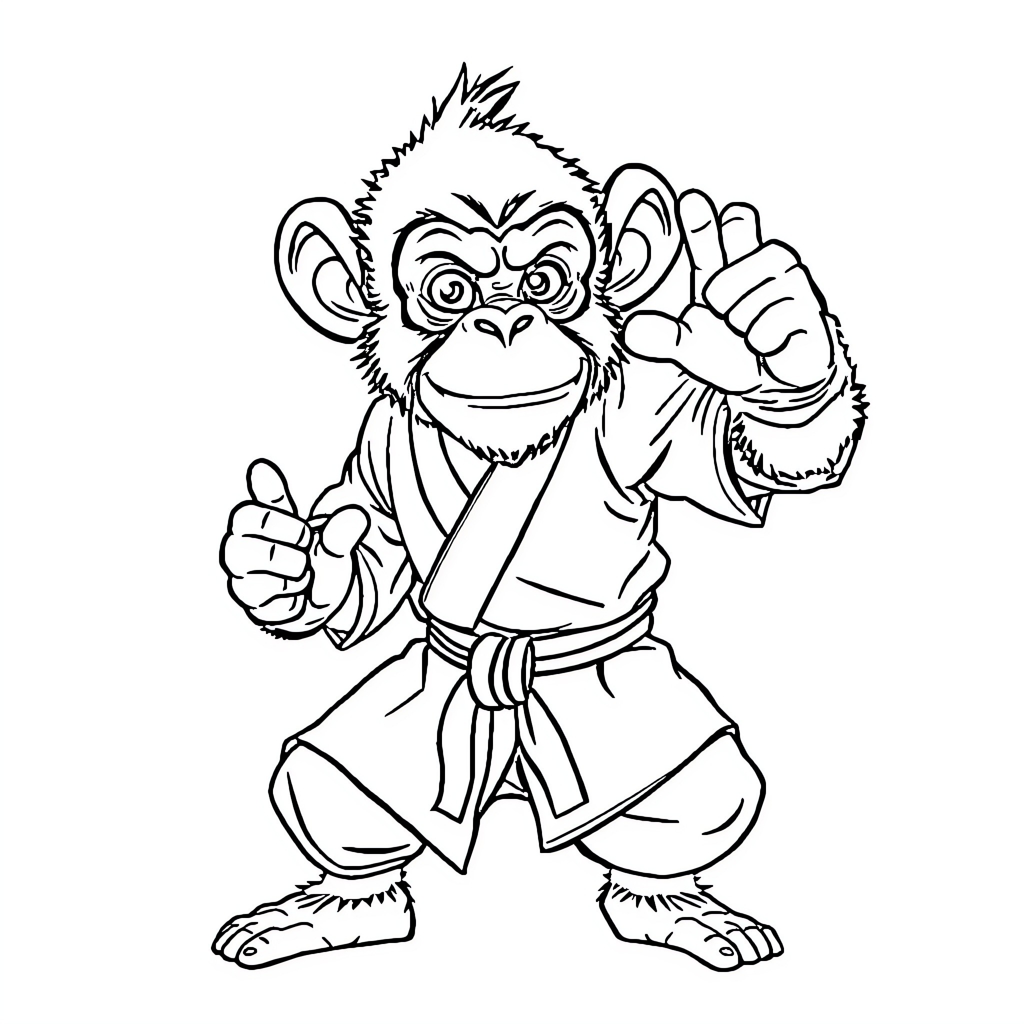 Shaolin Chimp performs martial arts in a kimono Coloring Page (free black-and-white line drawing printable PDF for all, from beginners to advanced learners, including children, teens, adults, and seniors)