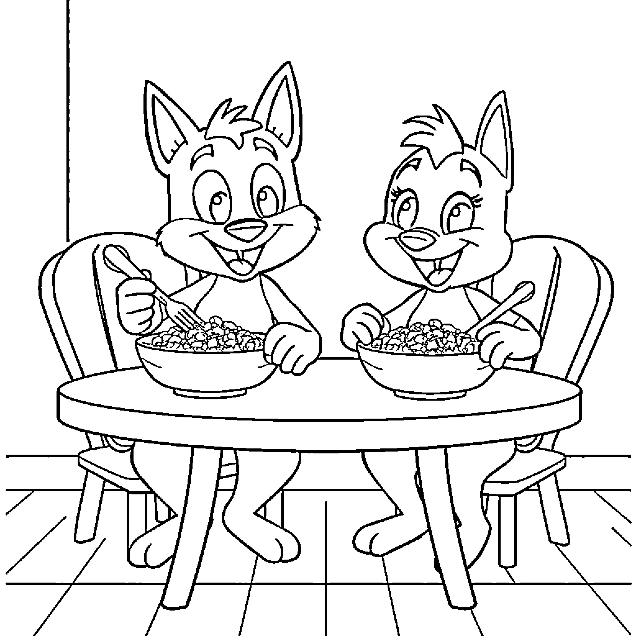 Bluey and friends enjoying a meal together Coloring Page (free black-and-white line drawing printable PDF for all, from beginners to advanced learners, including children, teens, adults, and seniors)