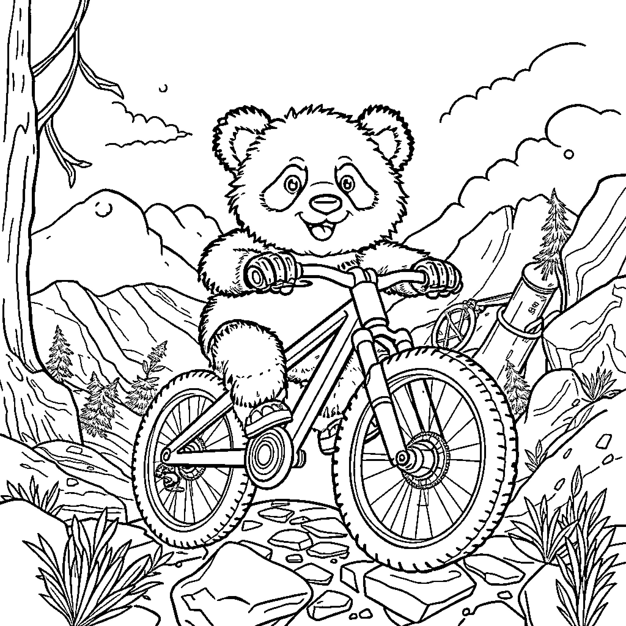 Panda riding bicycle through the mountains Coloring Page (free black-and-white line drawing printable PDF for all, from beginners to advanced learners, including children, teens, adults, and seniors)