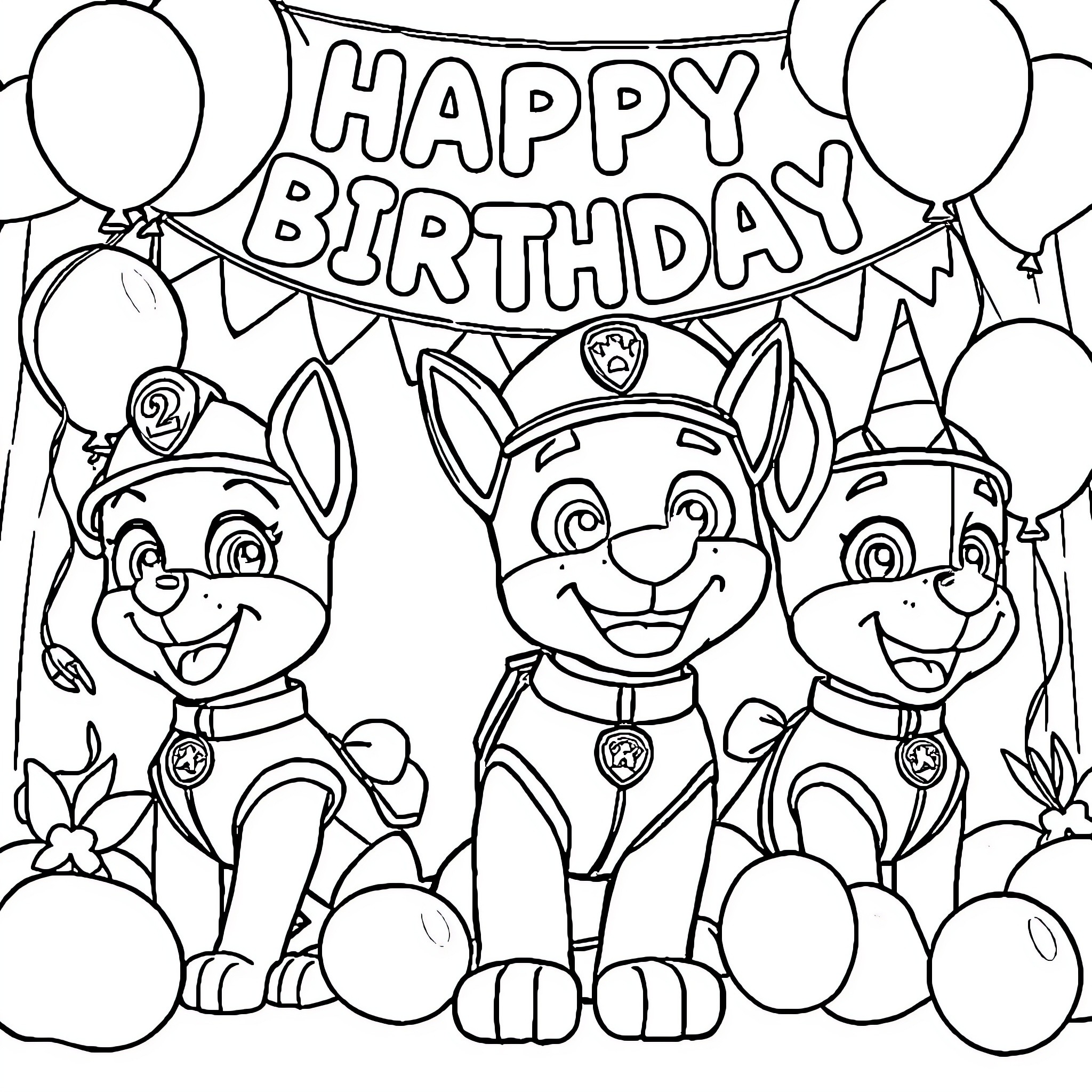Paw Patrol Pups Celebrate Happy Birthday Coloring Page (free black-and-white line drawing printable PDF for all, from beginners to advanced learners, including children, teens, adults, and seniors)