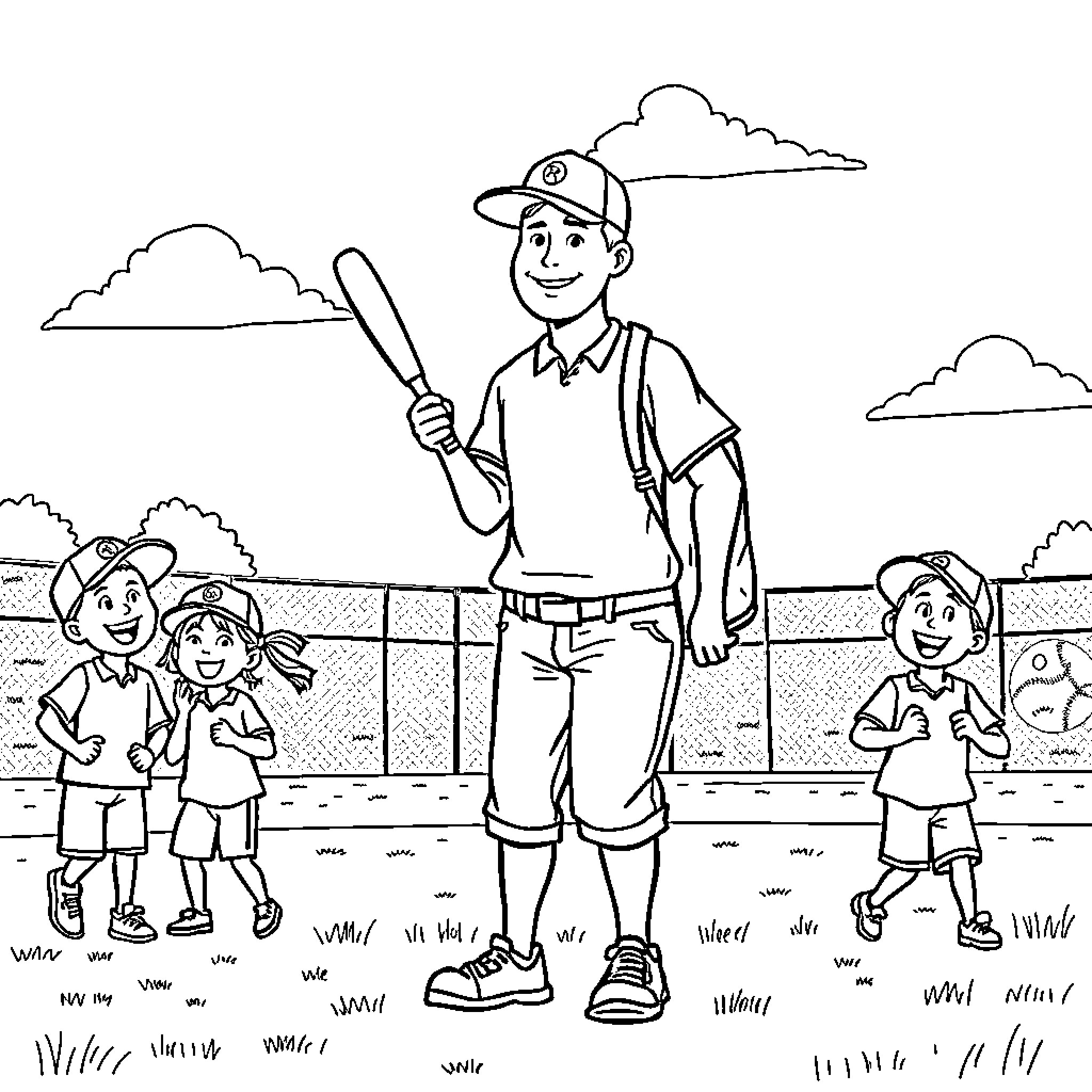 PE Teacher leading kids in outdoor sports activity Coloring Page (free black-and-white line drawing printable PDF for all, from beginners to advanced learners, including children, teens, adults, and seniors)