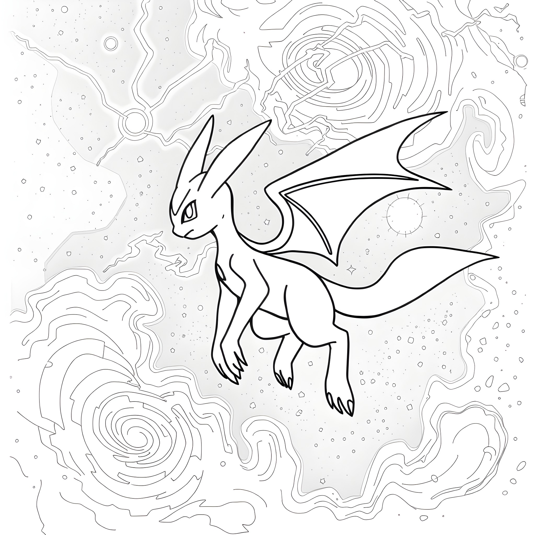 Mewtwo's Cosmic Encounter Coloring Page (free black-and-white line drawing printable PDF for all, from beginners to advanced learners, including children, teens, adults, and seniors)