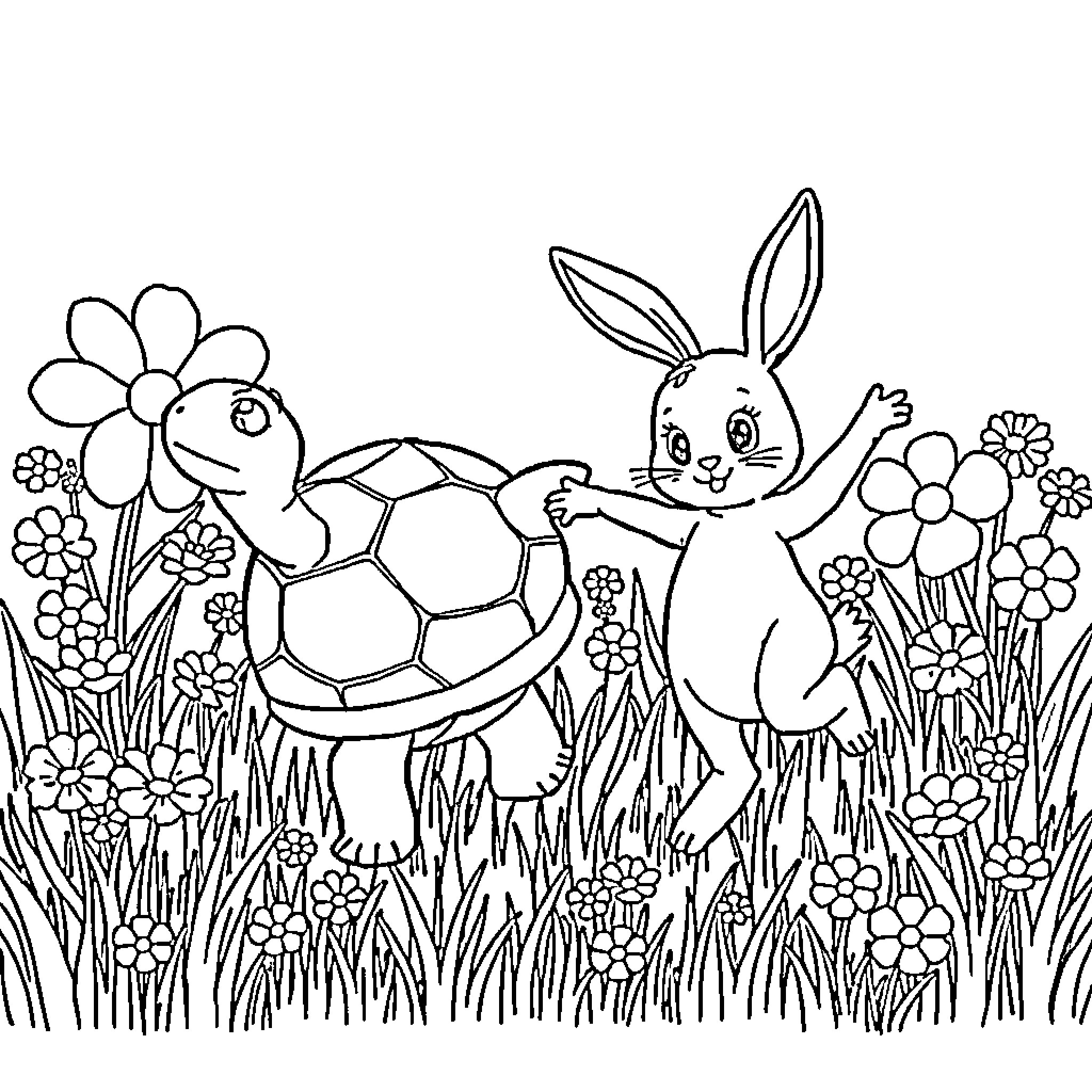 Turtle and Rabbit Playing in Floral Field Coloring Page (free black-and-white line drawing printable PDF for all, from beginners to advanced learners, including children, teens, adults, and seniors)
