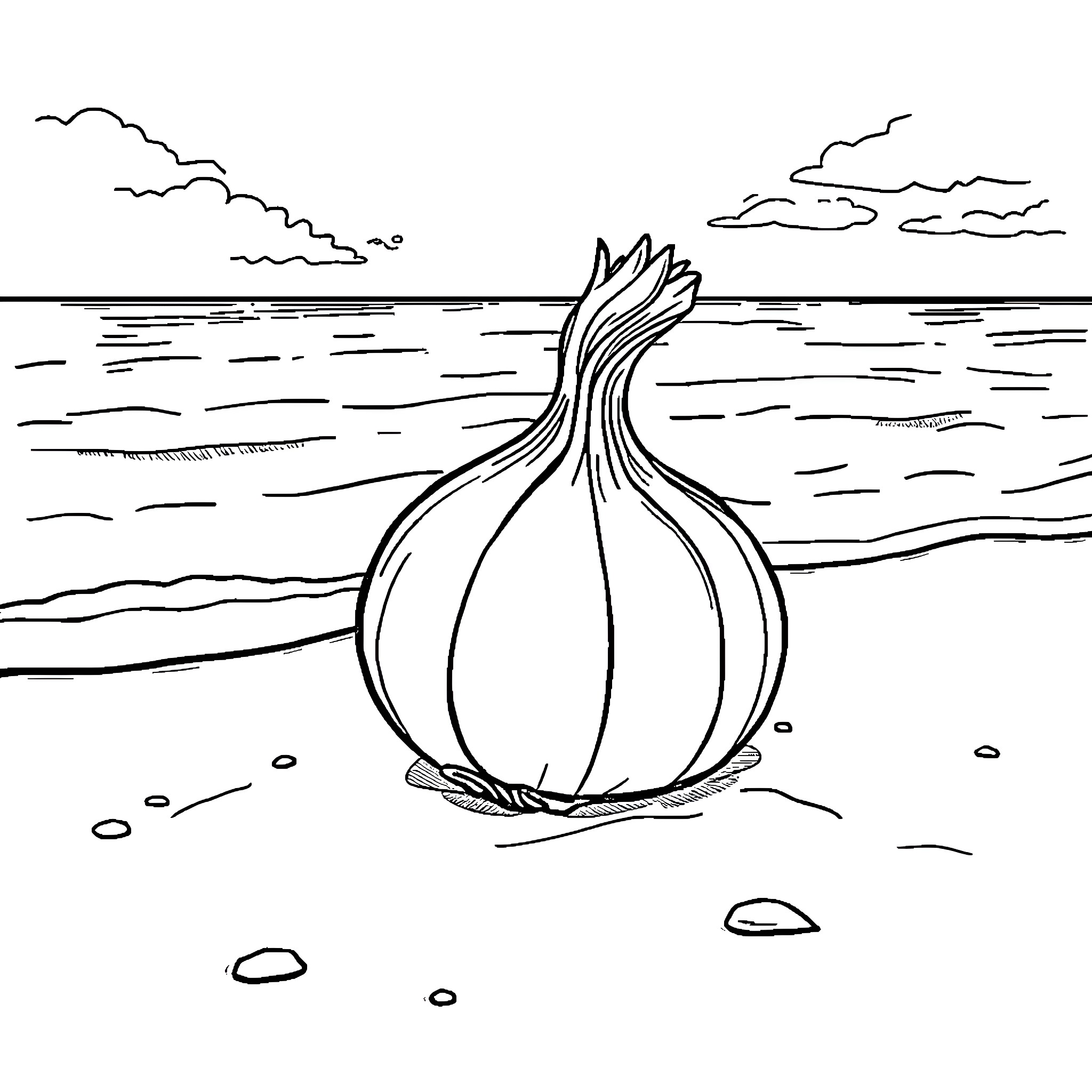 Onion Washed Ashore by the Lake Coloring Page (free black-and-white line drawing printable PDF for all, from beginners to advanced learners, including children, teens, adults, and seniors)