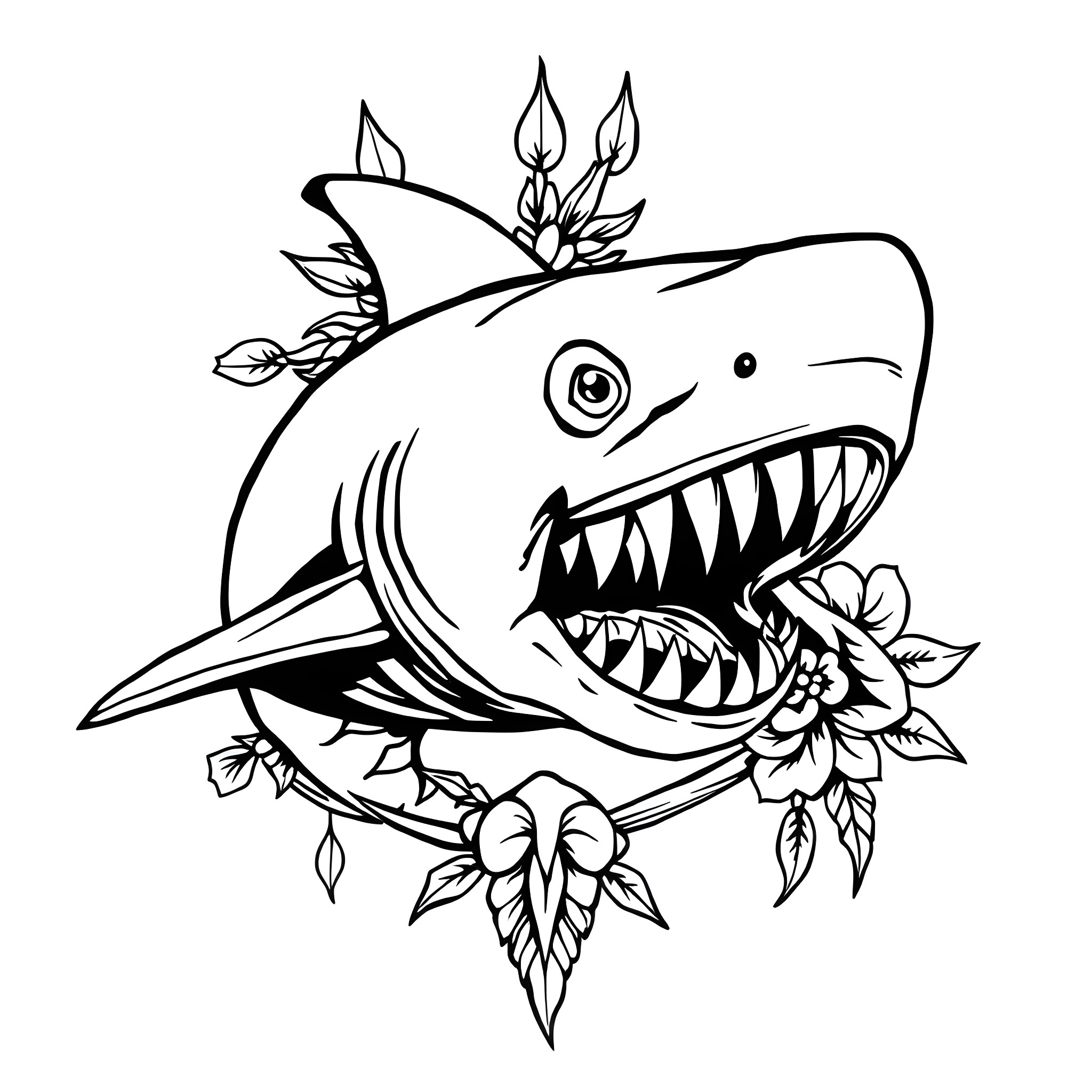 Shark with flowers and leaves Coloring Page (free black-and-white line drawing printable PDF for all, from beginners to advanced learners, including children, teens, adults, and seniors)