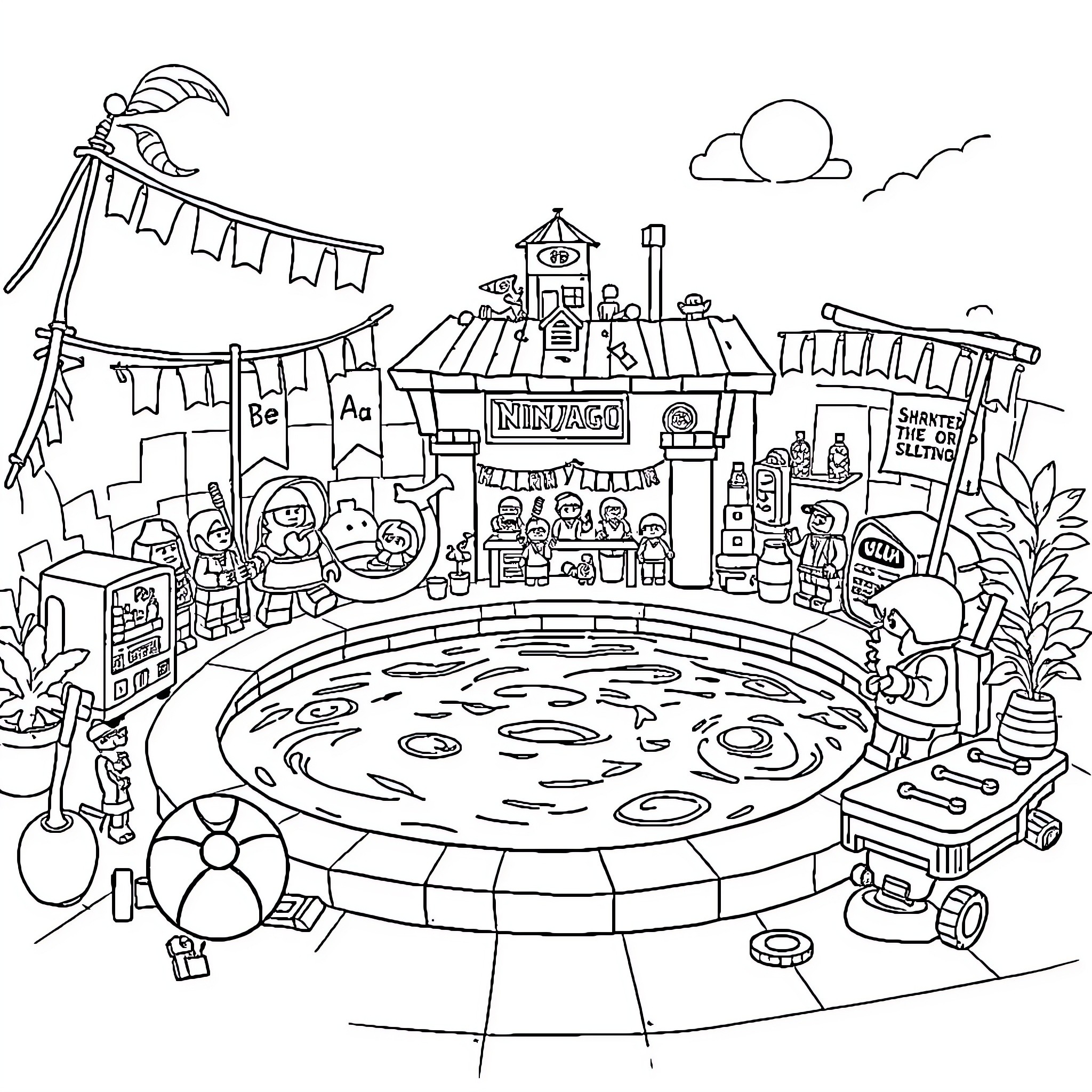 Ninjago Festival and Fun in the Park Coloring Page (free black-and-white line drawing printable PDF for all, from beginners to advanced learners, including children, teens, adults, and seniors)