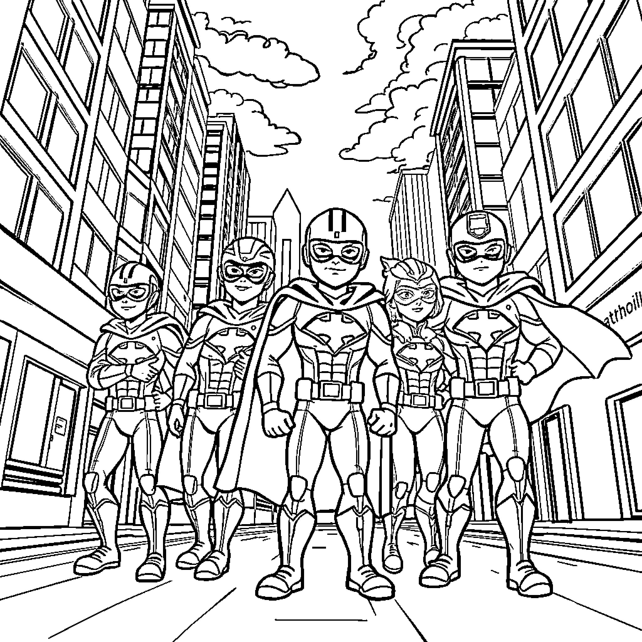 Superpatrouille's heroic team in action Coloring Page (free black-and-white line drawing printable PDF for all, from beginners to advanced learners, including children, teens, adults, and seniors)