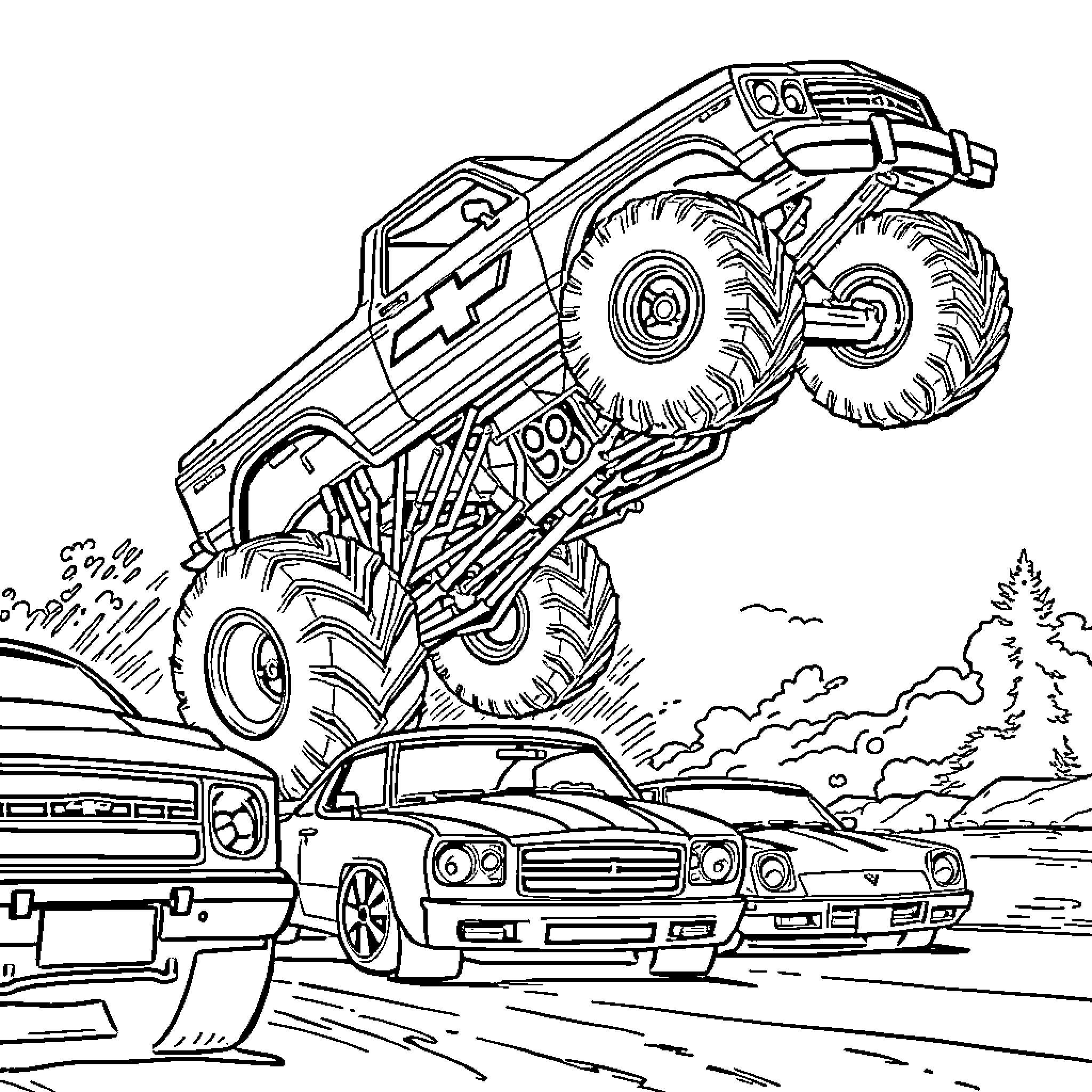 Monster Truck Crushing Smaller Vehicles on the Dirt Track Coloring Page (free black-and-white line drawing printable PDF for all, from beginners to advanced learners, including children, teens, adults, and seniors)
