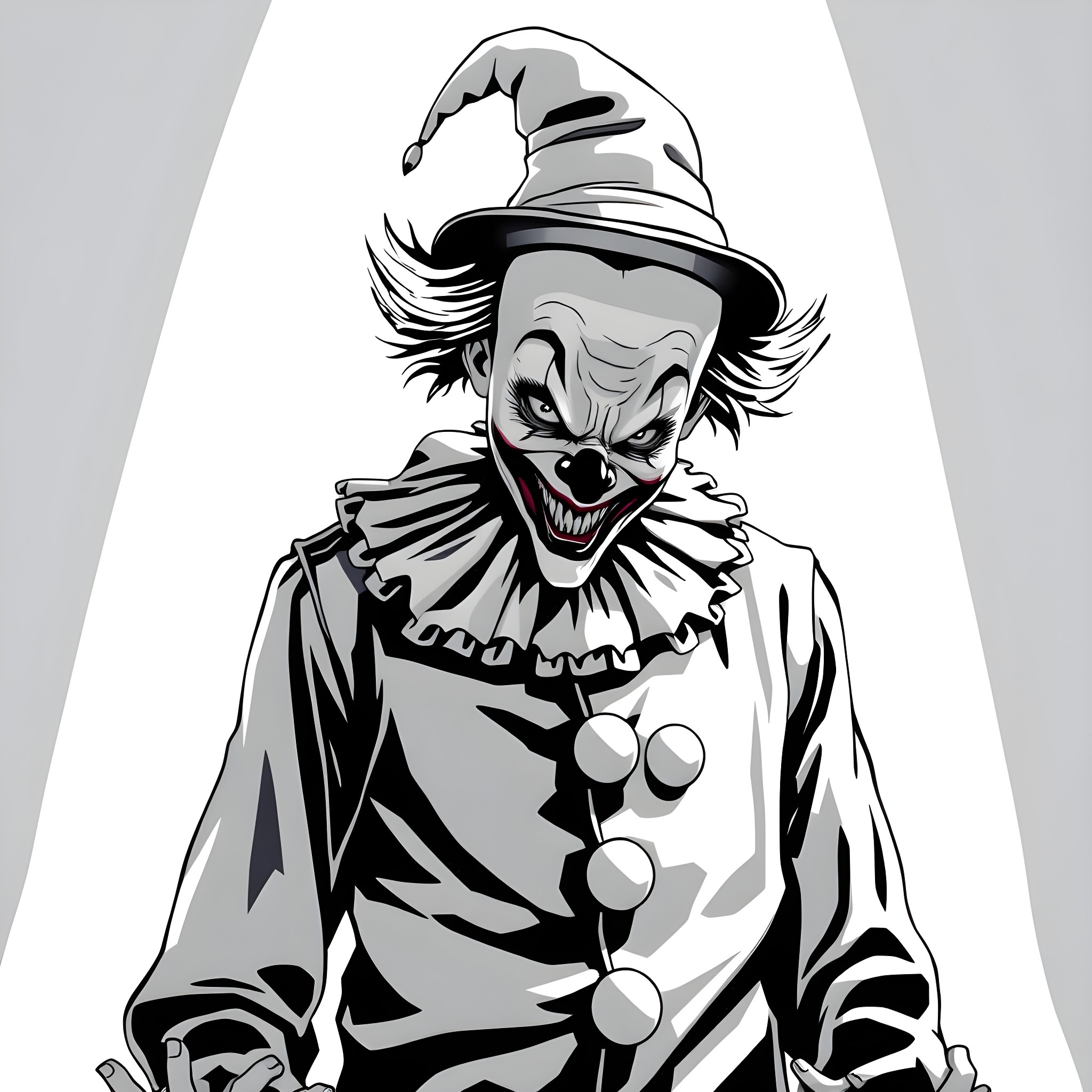 Clown with Sinister Expression and Costume Coloring Page (free black-and-white line drawing printable PDF for all, from beginners to advanced learners, including children, teens, adults, and seniors)
