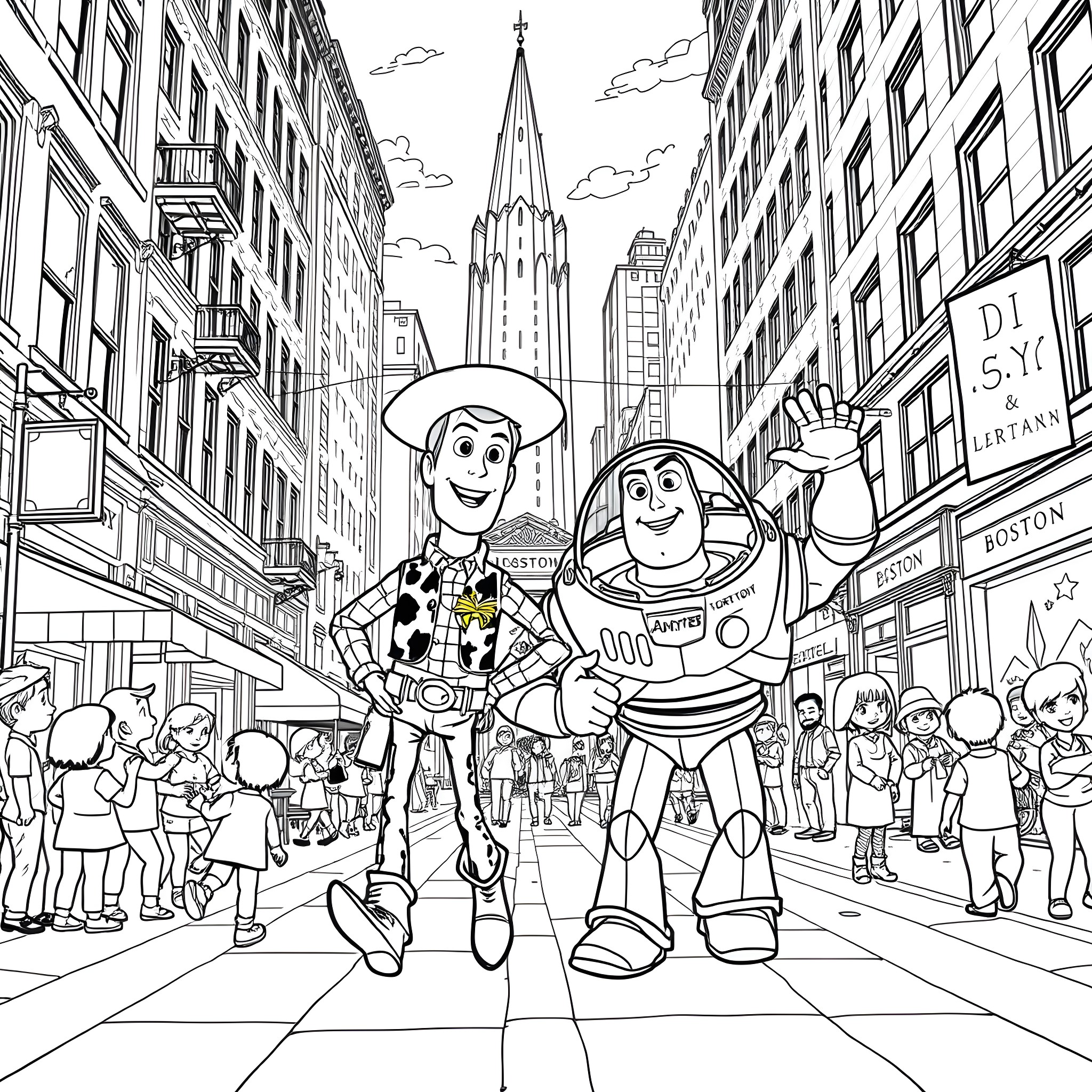 Toy Story Characters Exploring Bustling City Streets Coloring Page (free black-and-white line drawing printable PDF for all, from beginners to advanced learners, including children, teens, adults, and seniors)
