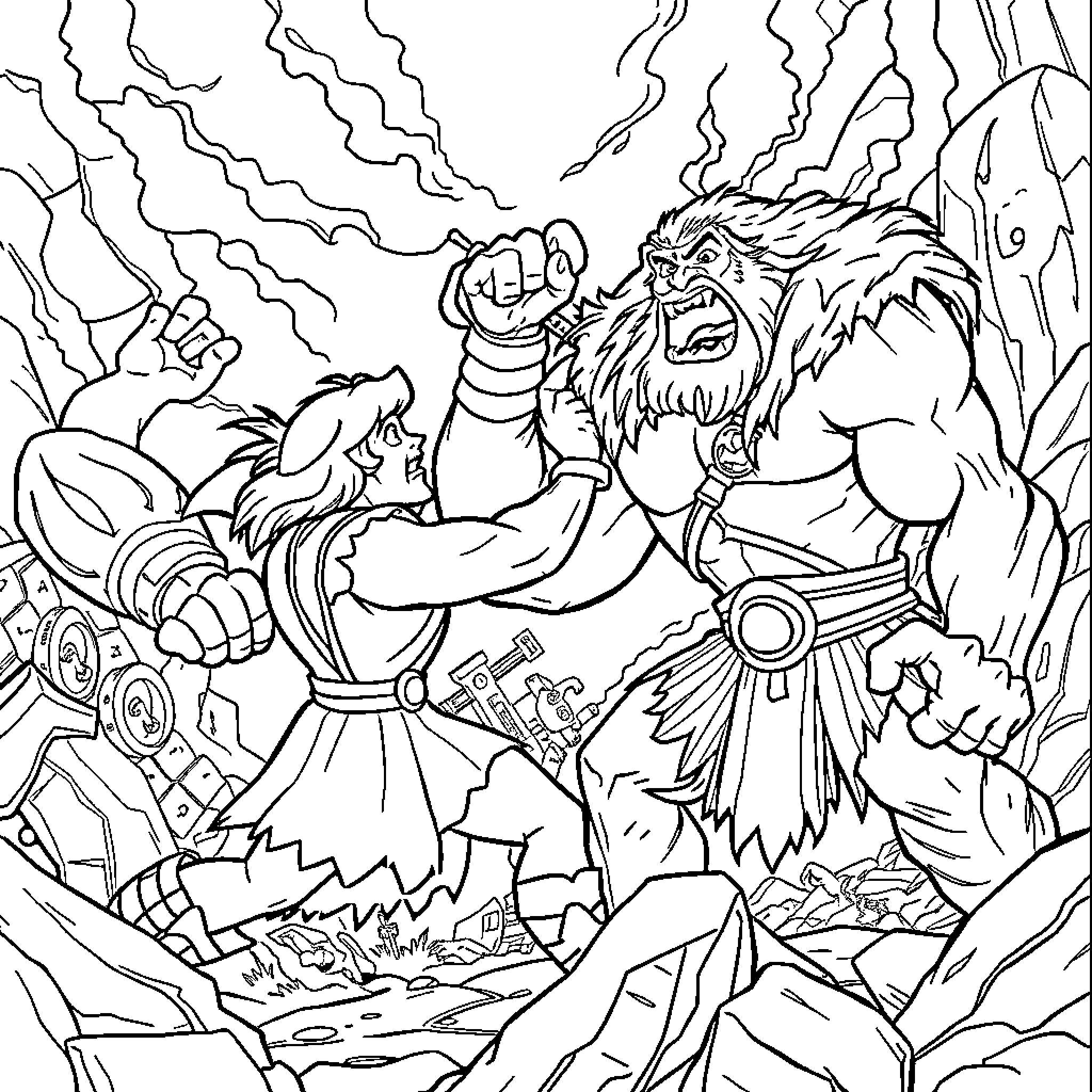 Hercules battles a fearsome beast in a storm Coloring Page (free black-and-white line drawing printable PDF for all, from beginners to advanced learners, including children, teens, adults, and seniors)