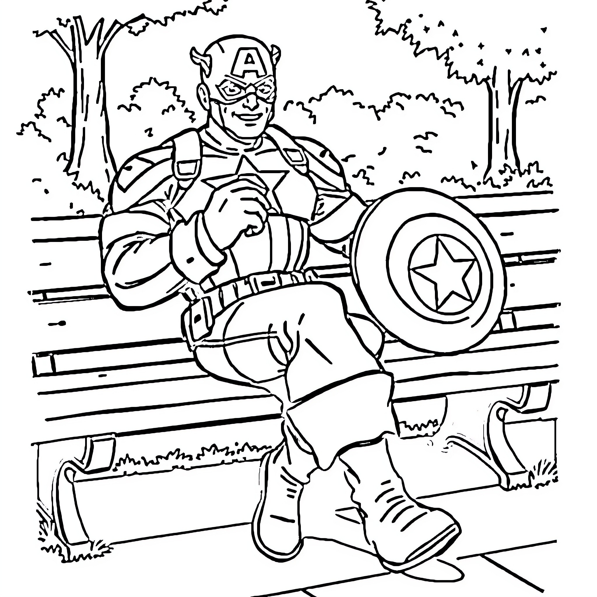 Captain America posing heroically in the park Coloring Page (free black-and-white line drawing printable PDF for all, from beginners to advanced learners, including children, teens, adults, and seniors)