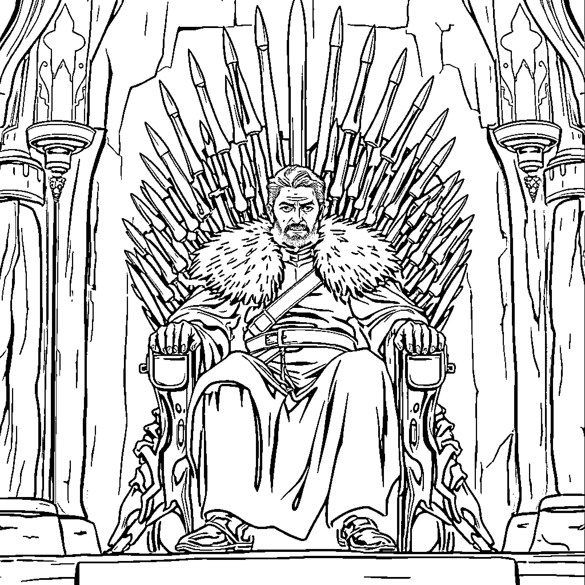 Jon Snow sitting on the Iron Throne Coloring Page (free black-and-white line drawing printable PDF for all, from beginners to advanced learners, including children, teens, adults, and seniors)