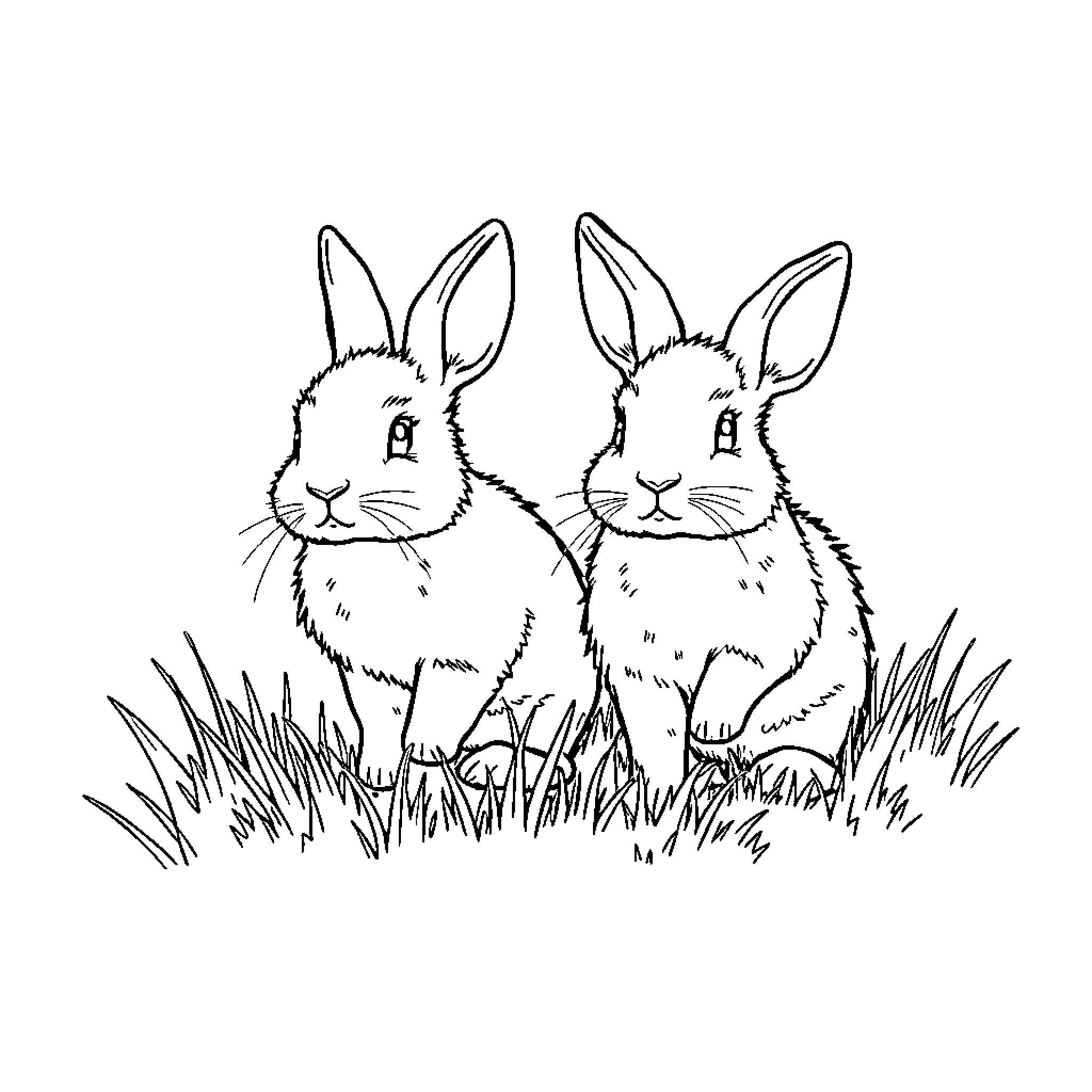 Rabbits sitting in the grass Coloring Page (free black-and-white line drawing printable PDF for all, from beginners to advanced learners, including children, teens, adults, and seniors)