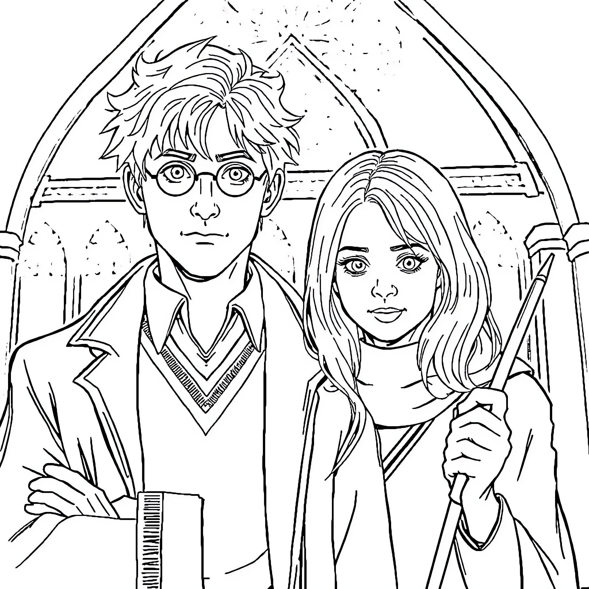 Draco Malfoy and Hermione Granger at Hogwarts Coloring Page (free black-and-white line drawing printable PDF for all, from beginners to advanced learners, including children, teens, adults, and seniors)