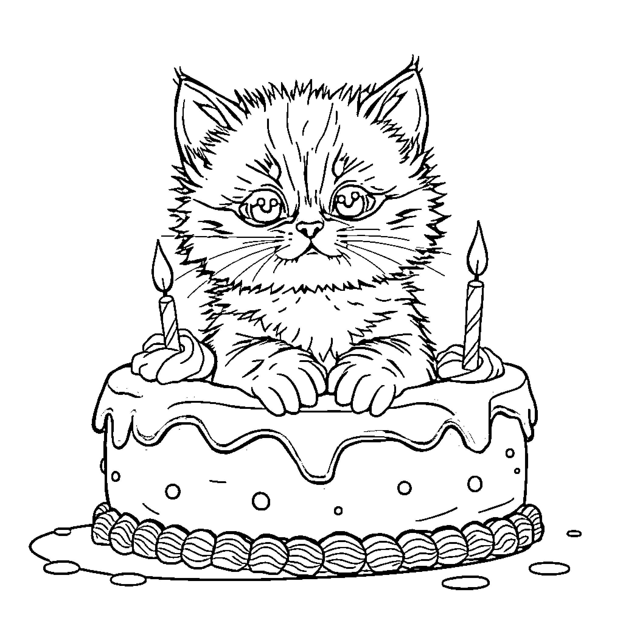 Kitten enjoying birthday cake with candle Coloring Page (free black-and-white line drawing printable PDF for all, from beginners to advanced learners, including children, teens, adults, and seniors)