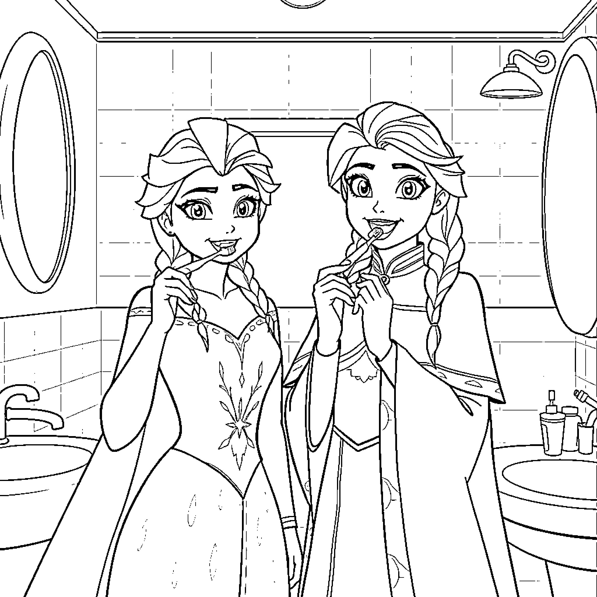 Elsa and Anna in Enchanting Attire Coloring Page (free black-and-white line drawing printable PDF for all, from beginners to advanced learners, including children, teens, adults, and seniors)