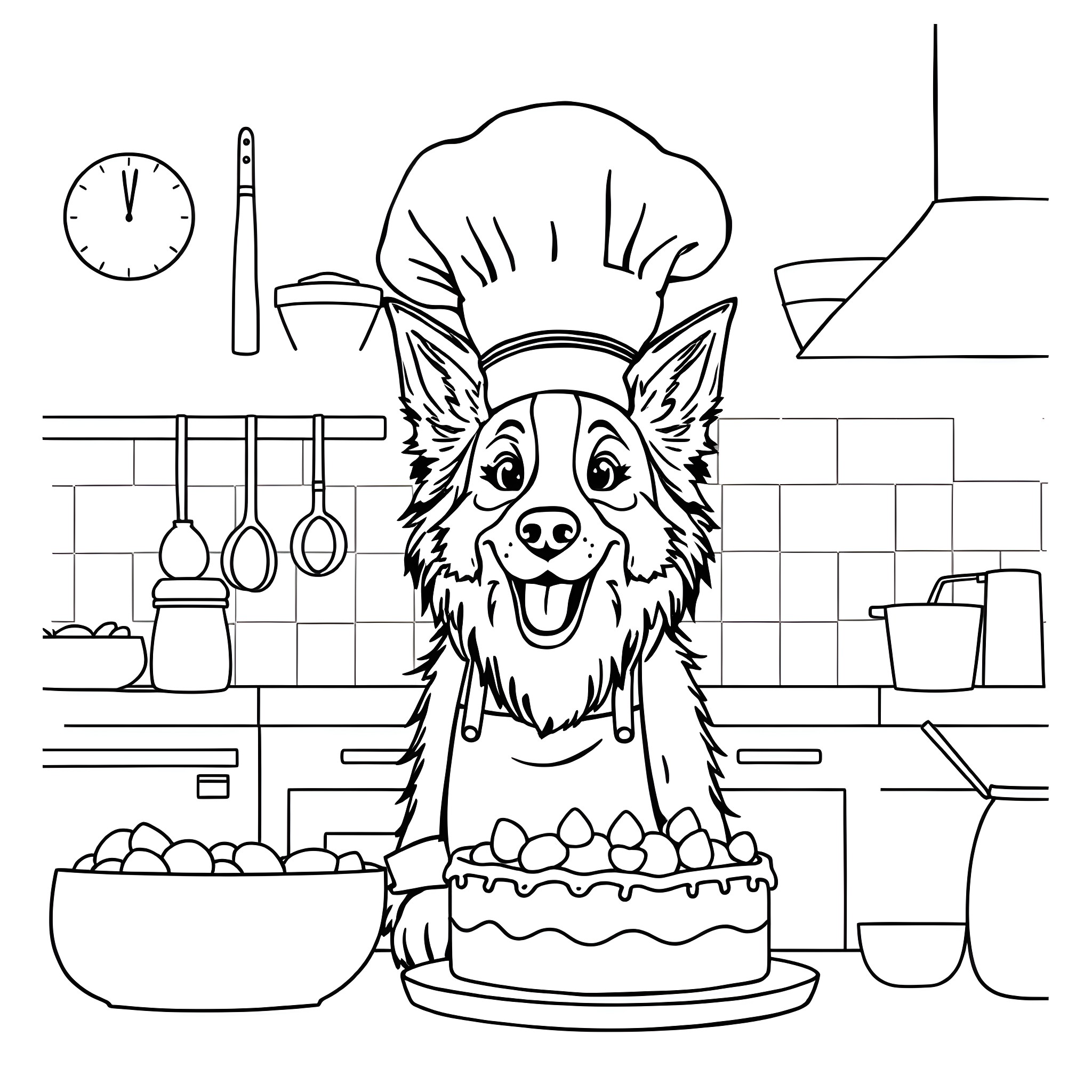 Border Collie Chef Baking in the Kitchen Coloring Page (free black-and-white line drawing printable PDF for all, from beginners to advanced learners, including children, teens, adults, and seniors)