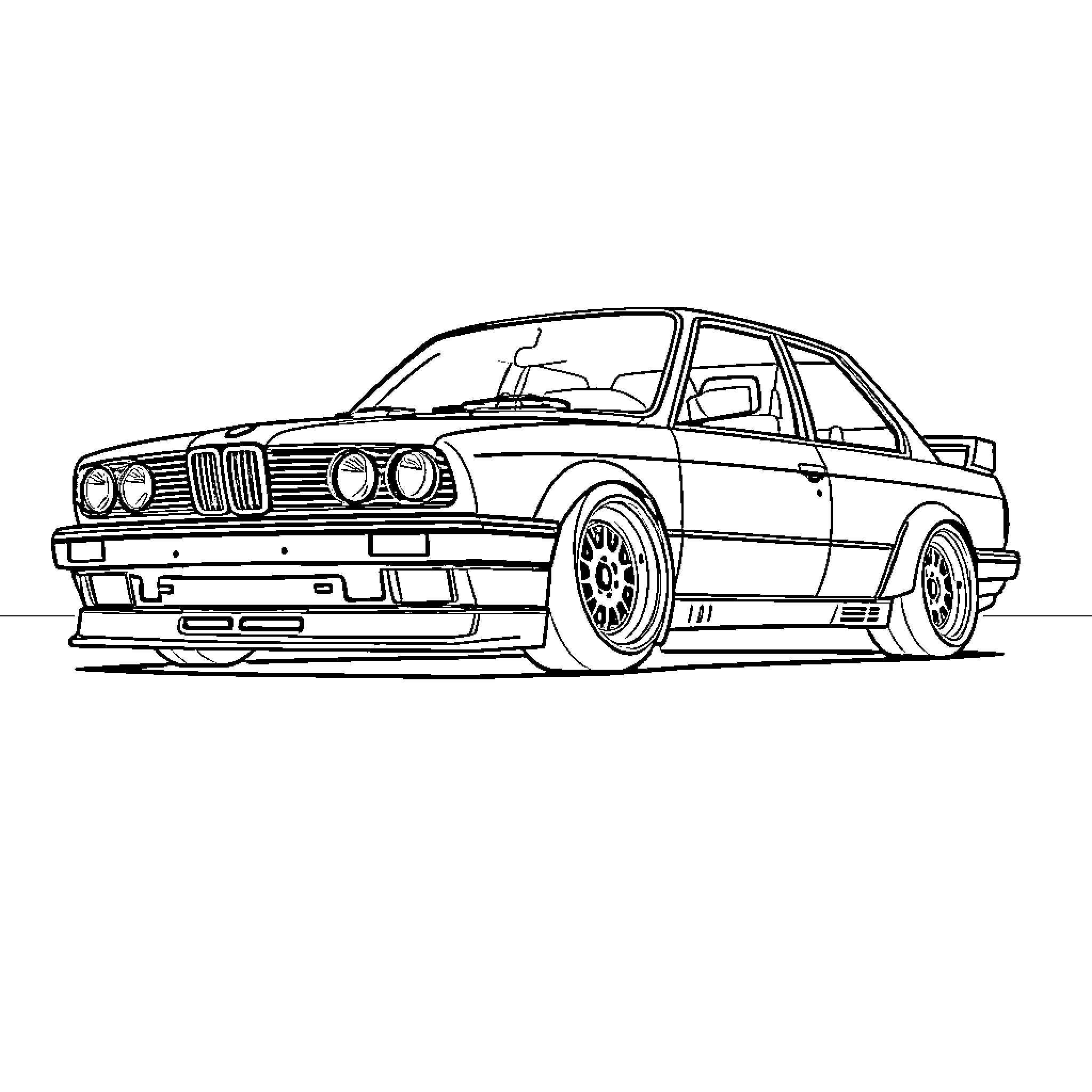 BMW E30 with Sporty Modifications Coloring Page (free black-and-white line drawing printable PDF for all, from beginners to advanced learners, including children, teens, adults, and seniors)