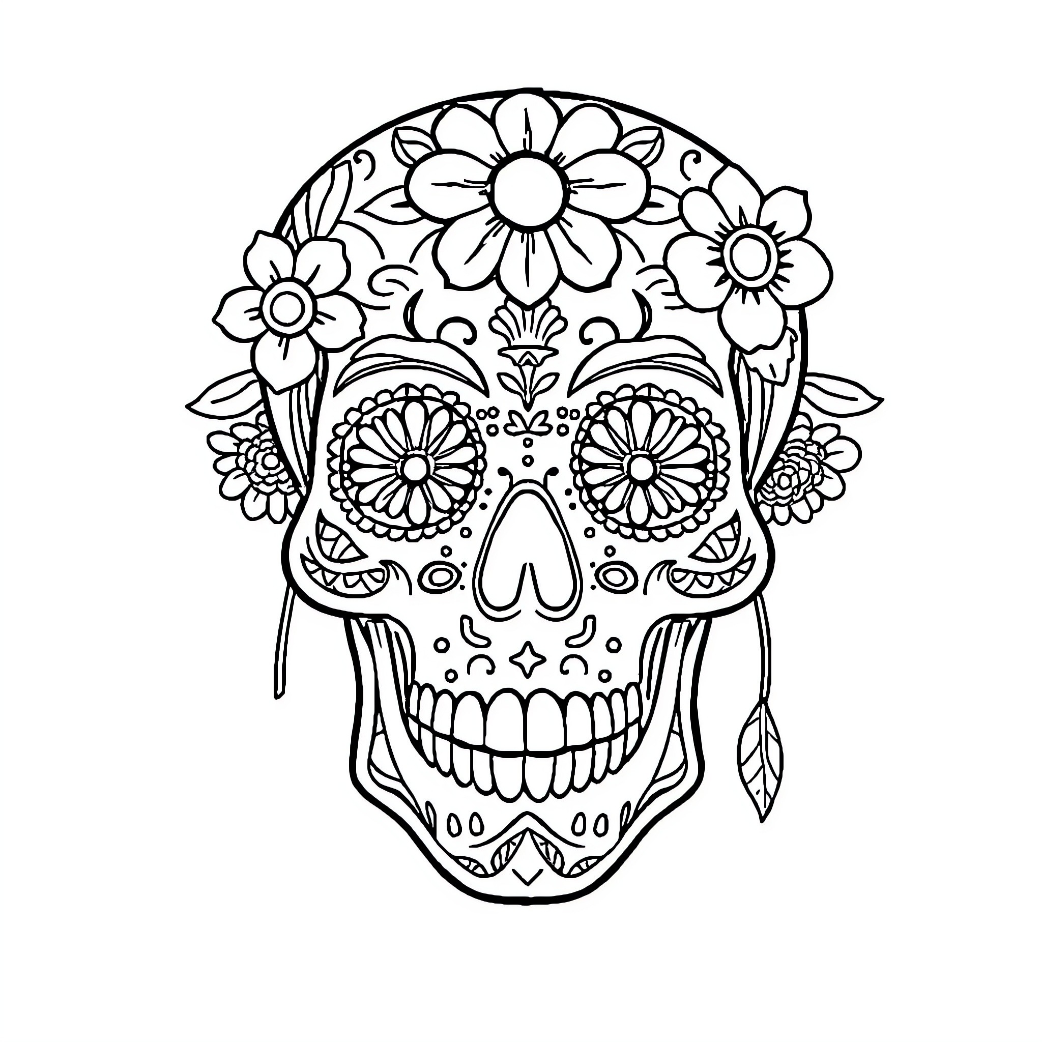Mexican Skull with Floral Adornments Coloring Page (free black-and-white line drawing printable PDF for all, from beginners to advanced learners, including children, teens, adults, and seniors)