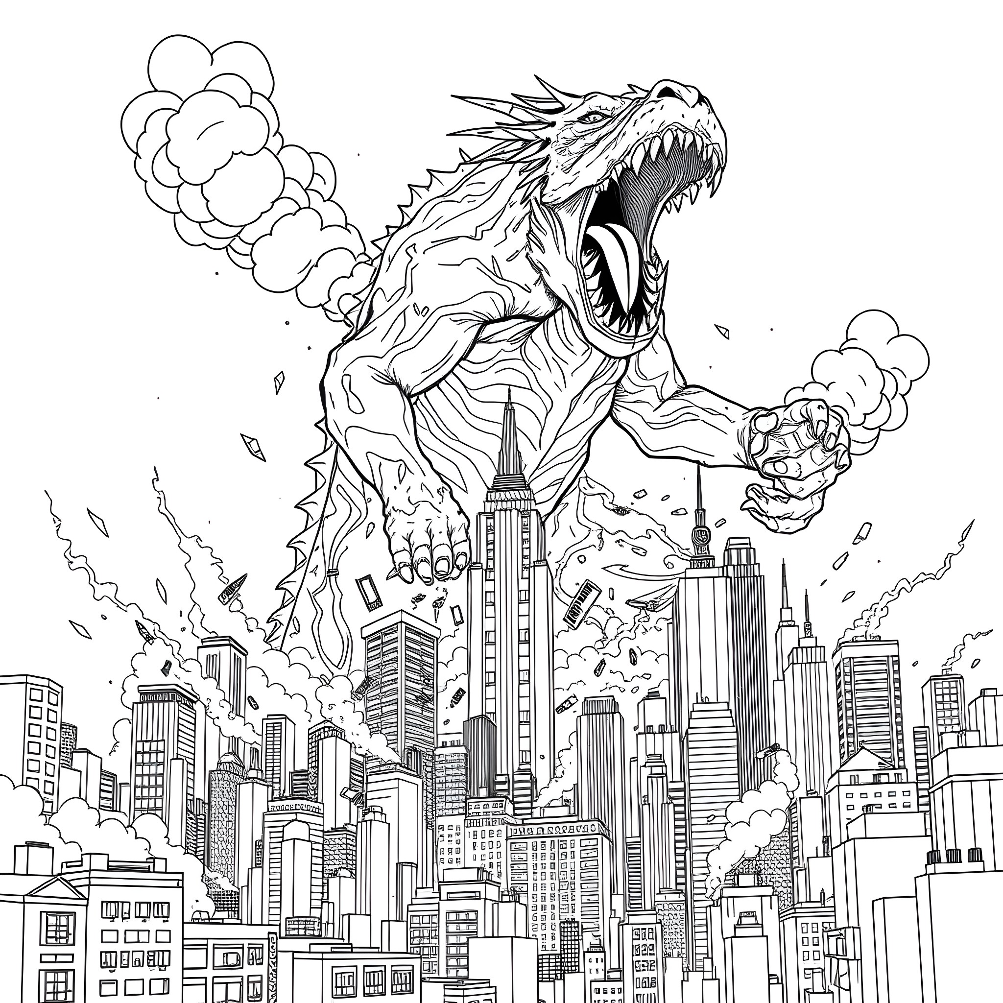 Godzilla Wreaking Havoc in the City Coloring Page (free black-and-white line drawing printable PDF for all, from beginners to advanced learners, including children, teens, adults, and seniors)