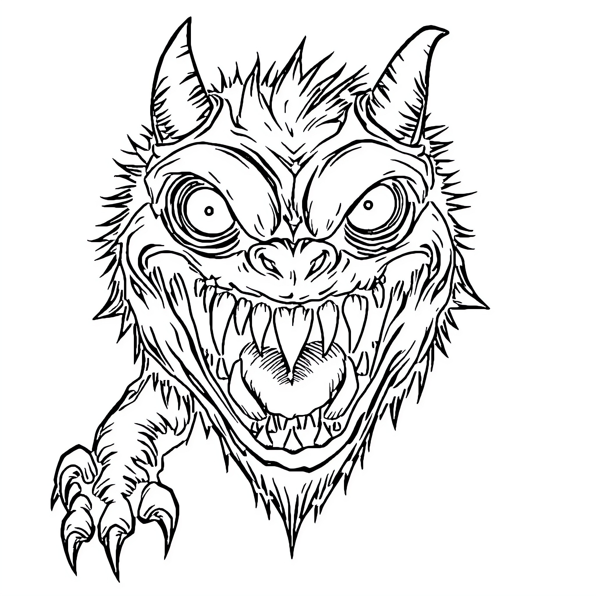 Monster with Fearsome Expression and Claws Coloring Page (free black-and-white line drawing printable PDF for all, from beginners to advanced learners, including children, teens, adults, and seniors)