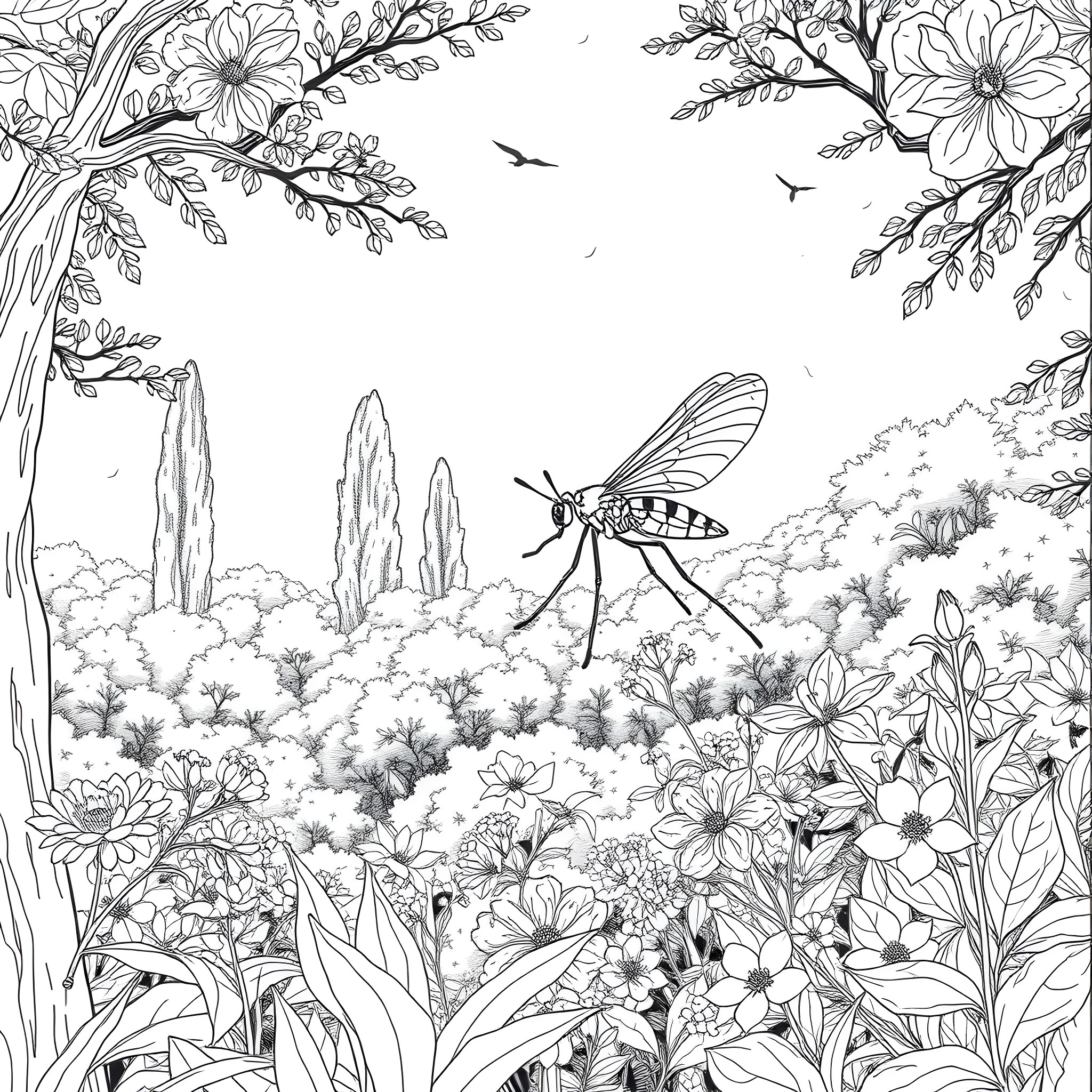 Mosquito among the Blooming Flowers Coloring Page (free black-and-white line drawing printable PDF for all, from beginners to advanced learners, including children, teens, adults, and seniors)
