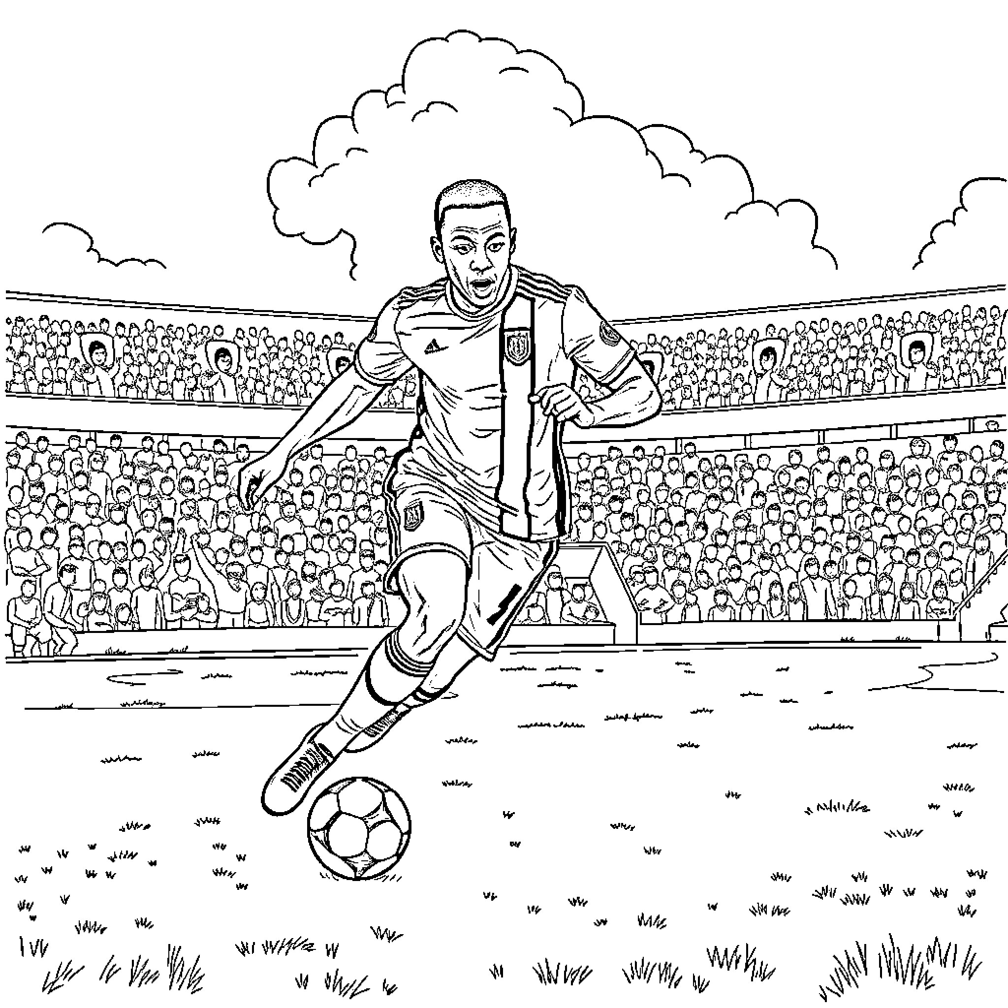 Mbappe kicks the ball on the field with fans Coloring Page (free black-and-white line drawing printable PDF for all, from beginners to advanced learners, including children, teens, adults, and seniors)